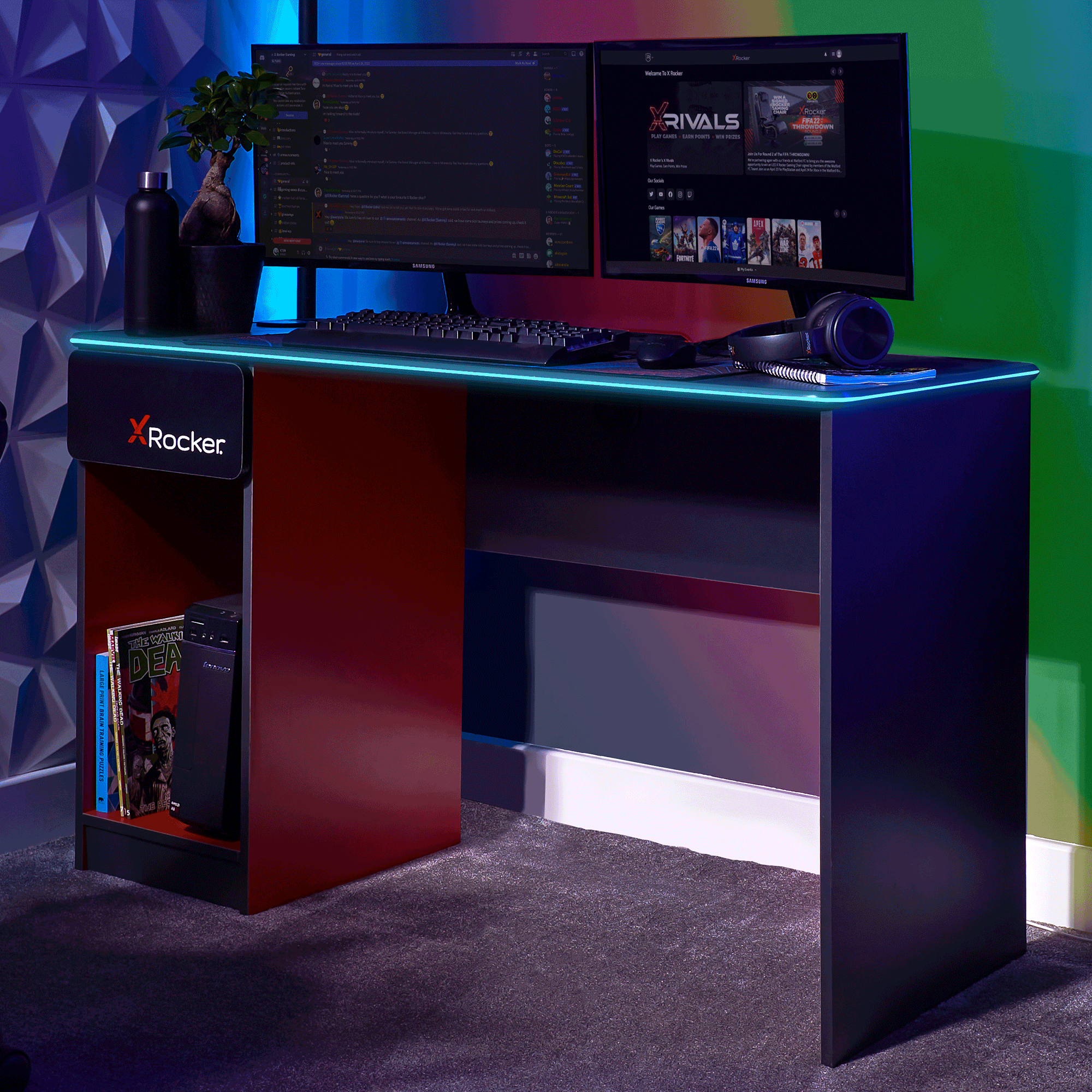 Carbon Tek Gaming Desk with LED Lights & Wireless Charging - 55