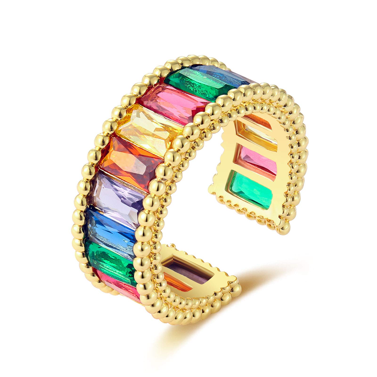 18K Gold Plated Cubic Zirconia Eternity Ring - Emerald Cut Rainbow Wedding Band for Women | Perfect for Engagement, Anniversary & Bridal Jewelry Gifts