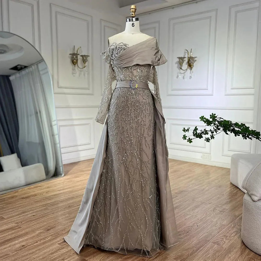 Luxury Arabic Pearl Beaded Evening Dress - Elegant One Shoulder Women's Wedding & Party Gown | Dubai Inspired Formal Wear for Bridal, Prom & Special Occasions