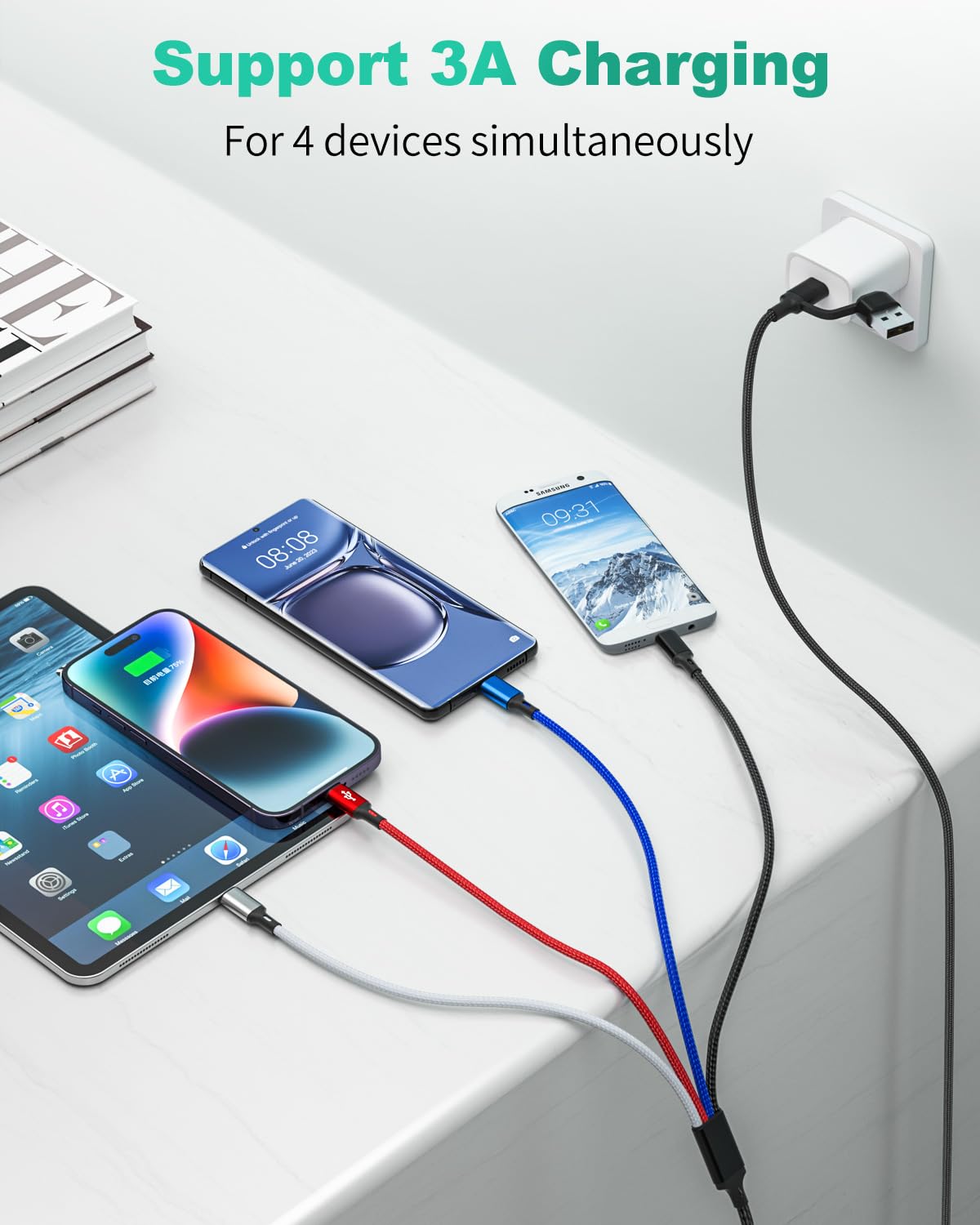 HanCenDa 4-in-2 Multi Charging Cable 6FT 3-Pack - Nylon Braided USB A/C to Lightning/Type-C/Micro USB Fast Charger for iPhone 16/15/14/13, Samsung, iPad, Android - Perfect for Home, Office & Travel Charging Needs