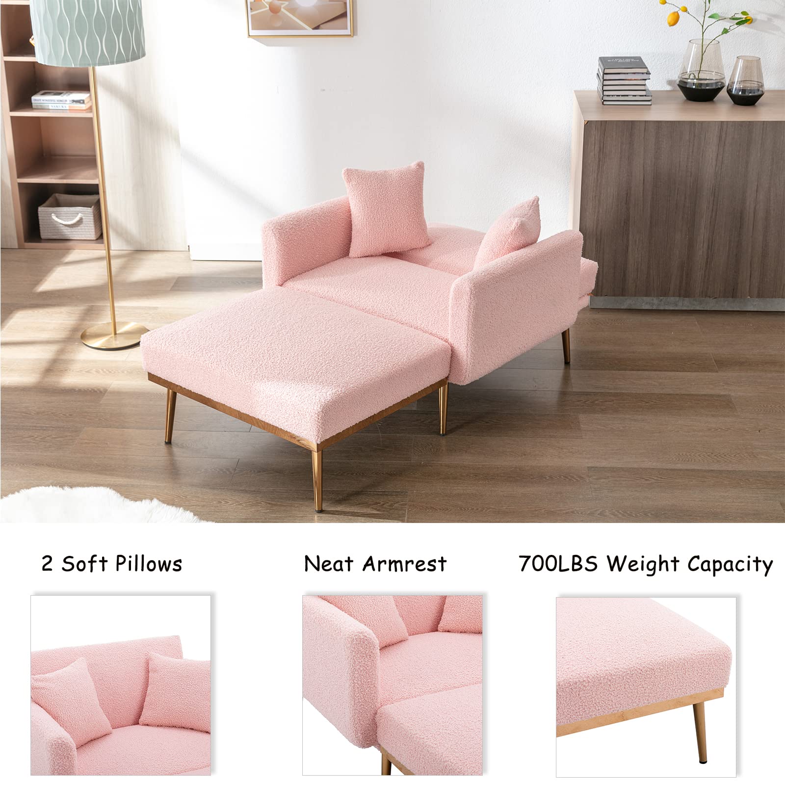 Teddy Fabric Chaise Lounge Chair - 3 Adjustable Angles, Converts to Bed with 2 Pillows, Tufted Sleeper Chair for Bedroom & Living Room (Pink) | Perfect for Relaxing, Reading & Napping