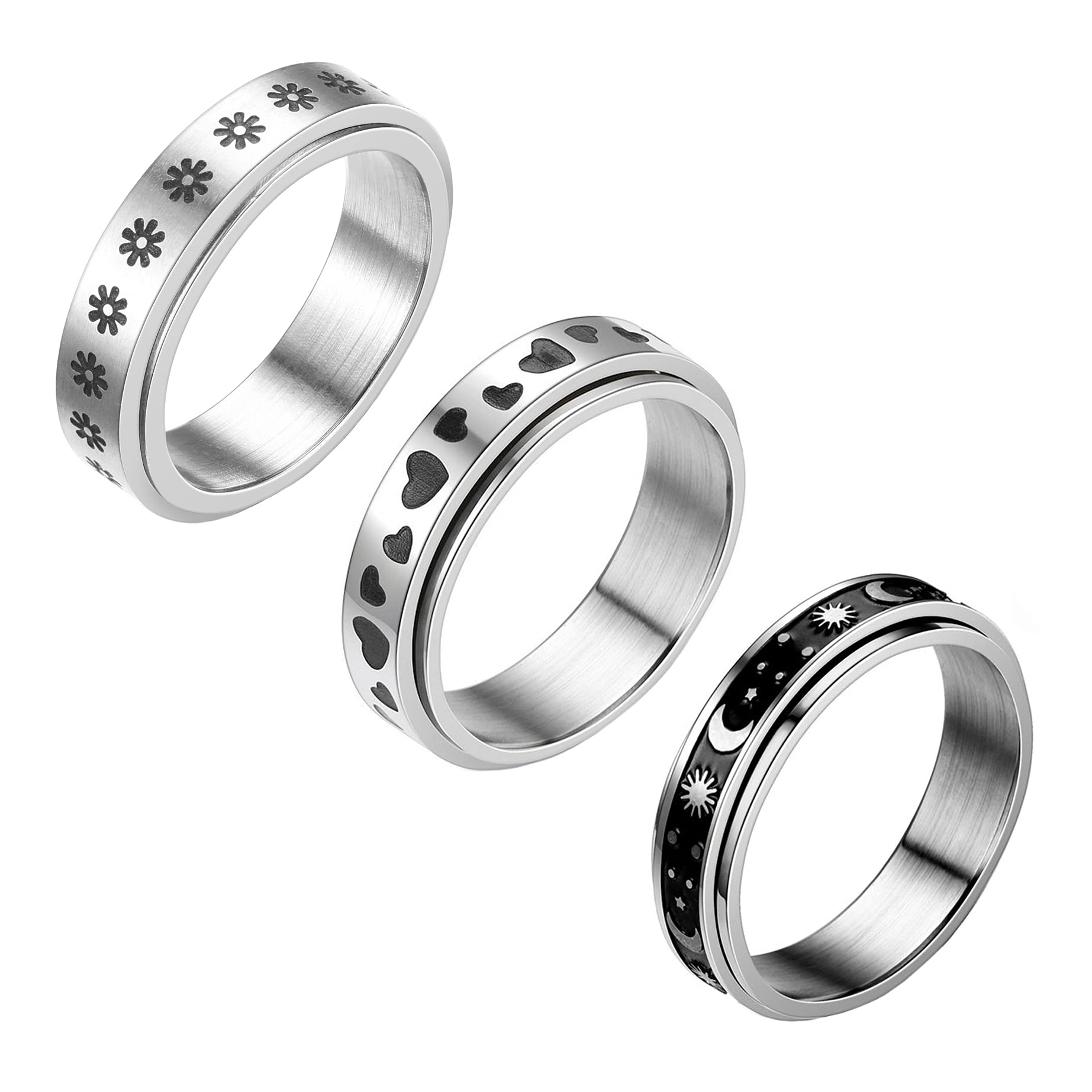 3Pcs Stainless Steel Fidget Spinner Rings for Women & Men - Stress Relief & Anxiety Reducing Wedding Band Set - Perfect for Office, Travel, and Everyday Wear