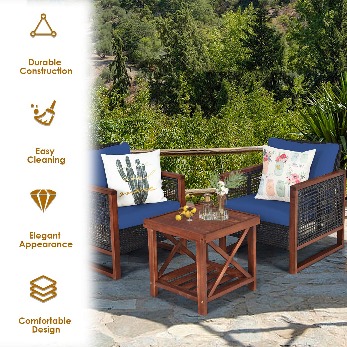 HAPPYGRILL 3-Piece Outdoor Patio Furniture Set - Wicker Chairs with Coffee Table, Acacia Wood Frame & Washable Cushions - Perfect for Garden, Poolside, Backyard, Balcony & Porch Relaxation