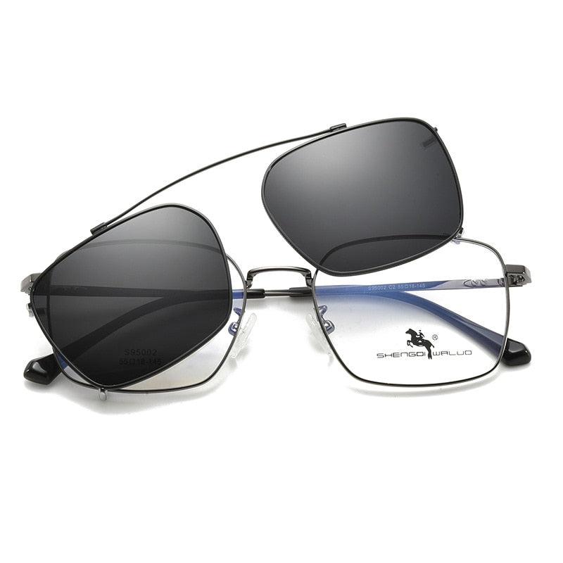 Bclear Men's Full Rim Square Alloy Frame Eyeglasses with Clip-On Polarized Sunglasses - ZT95002 | Stylish Prescription Glasses & UV Protection Sunglasses for Driving, Outdoor Activities & Everyday Wear