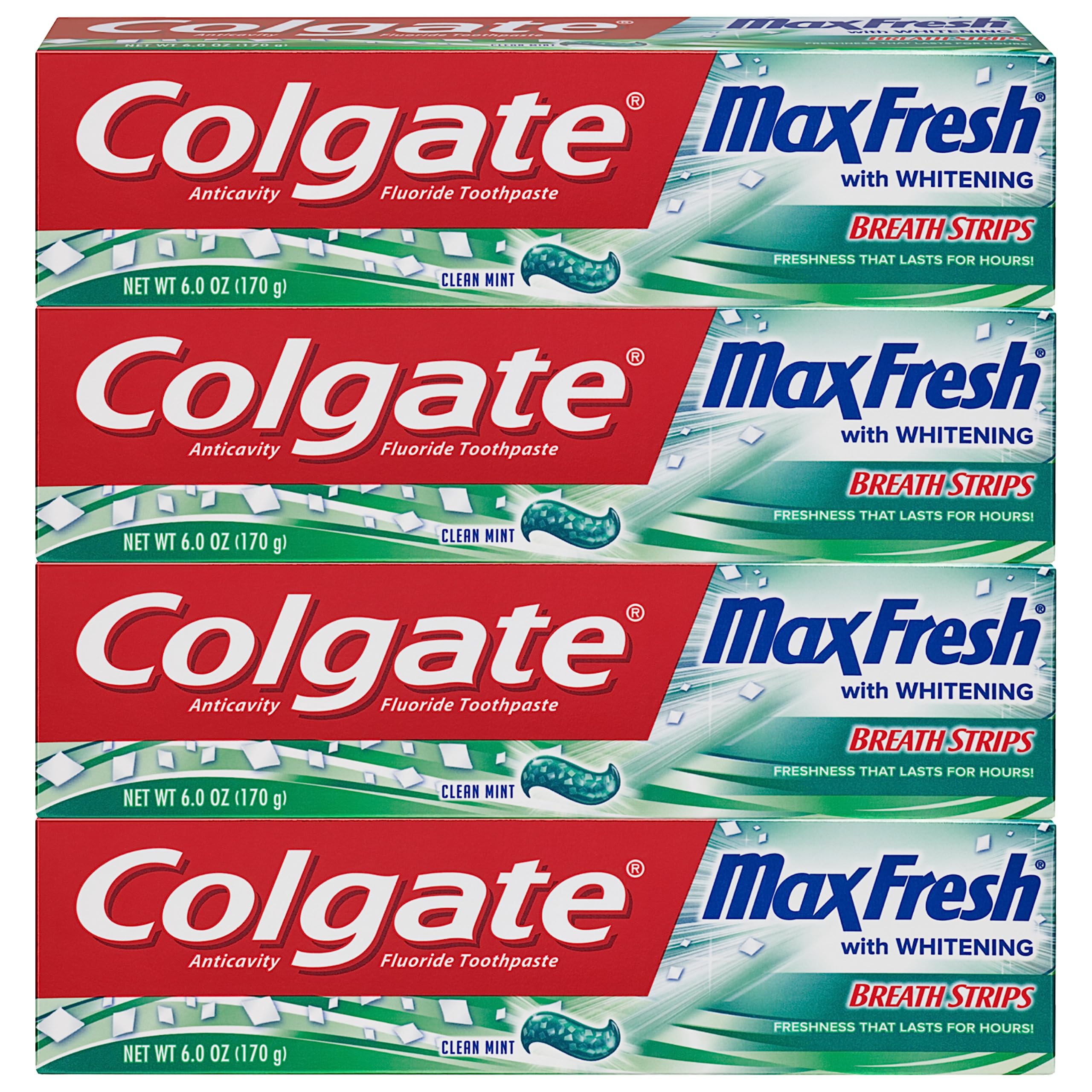 Colgate Max Fresh Whitening Toothpaste with Breath Strips - Clean Mint Flavor, 6 oz (4 Pack) | Freshens Breath & Whitens Teeth | Perfect for Travel, Home & Office Use