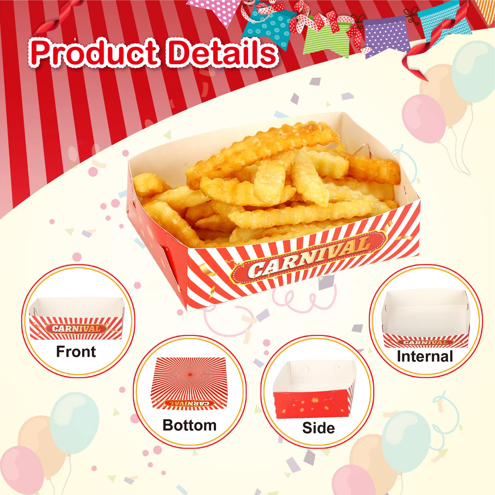 50 Pack Carnival Print Party Paper Food Trays - Disposable Nacho, Hot Dog & Snack Serving Boats for Parties, Events & Decorations - Perfect for Birthday, BBQ, Carnival & Picnic Use