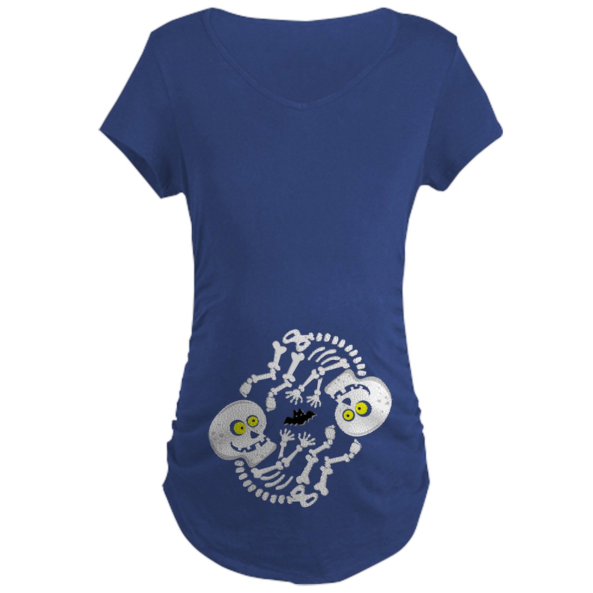Cute Skeleton Twins Halloween Maternity T-Shirt for Women - Navy Scoop Neck Pregnancy Shirt | Funny Halloween Costume & Pregnancy Announcement Gift