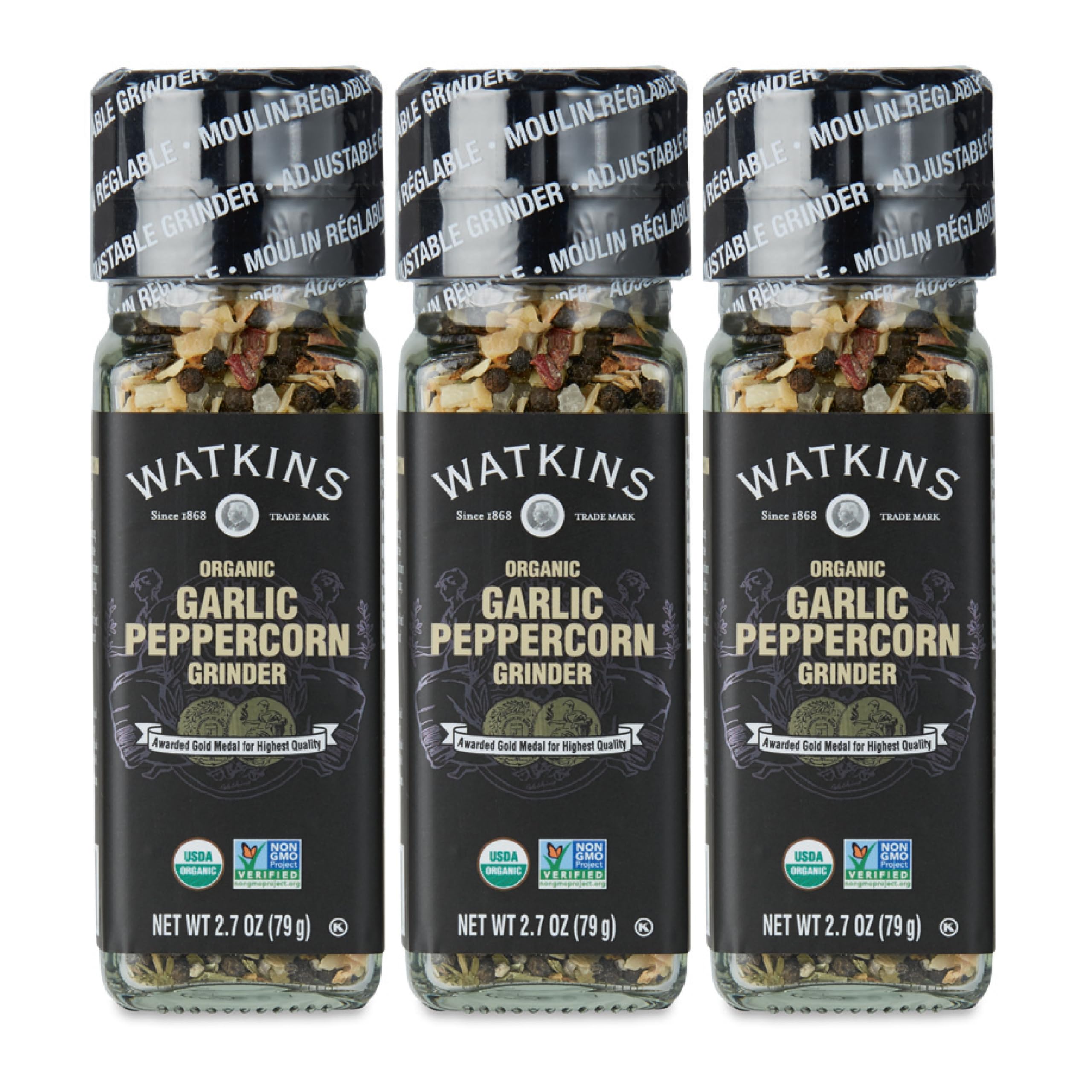 Organic Garlic Peppercorn Grinder 3-Pack (2.7 oz Each) - Watkins Premium Spice for Cooking, Seasoning & Gourmet Meals - Perfect for Pasta, Salads, Steaks & Home Chefs