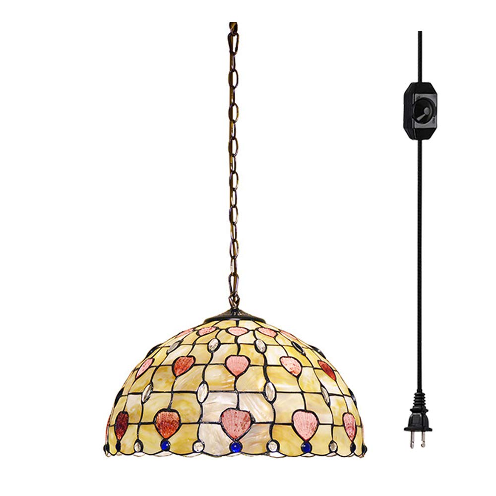 ANYE Tiffany Style 12-Inch Wide Pendant Ceiling Light with 15 Ft Plug-in Cord, On/Off Dimmer Switch & Multi-Colored Glass Shade - Pearl Shell Handmade E26 Lamp for Living Room, Bedroom, or Dining Room Decor