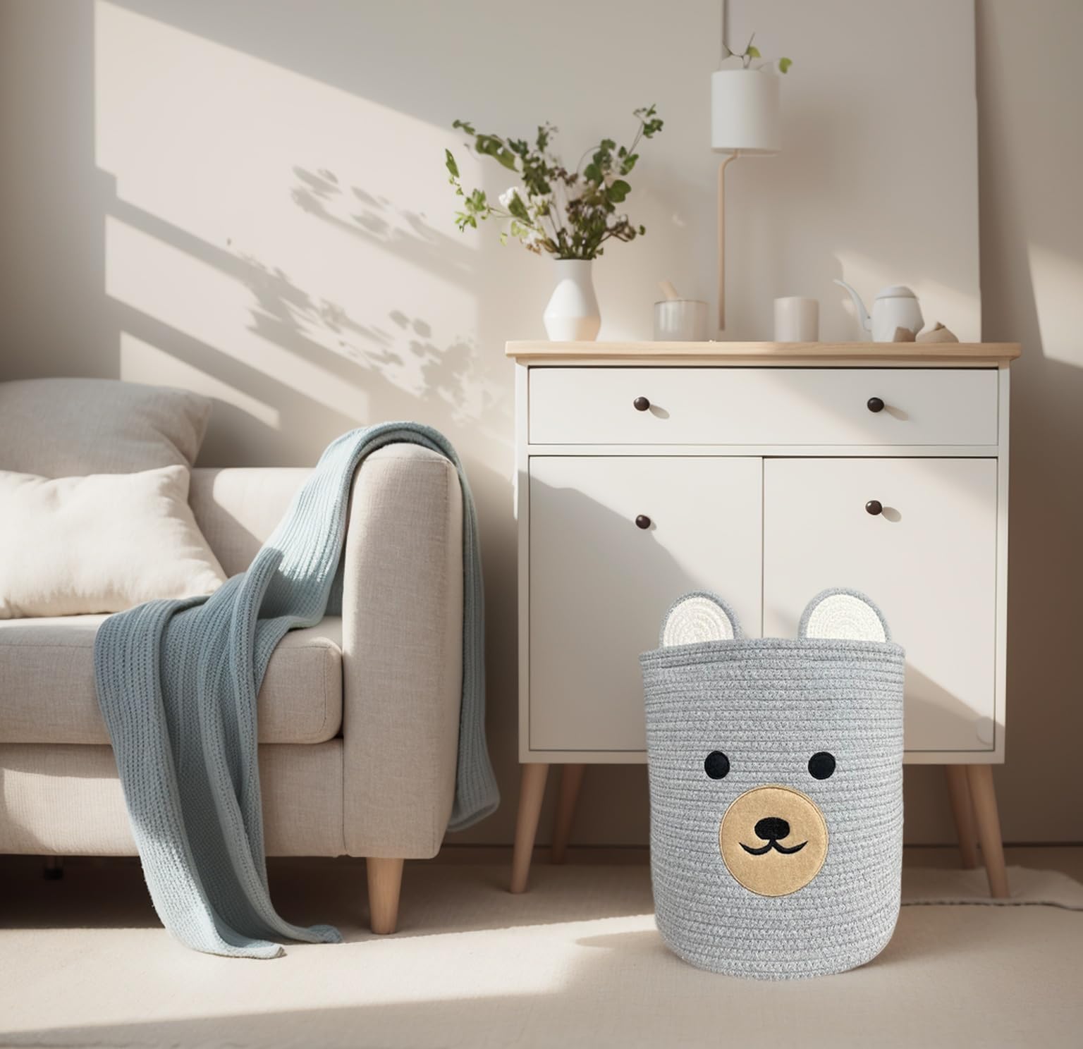 Organic Cotton Bear-Shaped Nursery Basket - Baby Storage Basket, Kids Toy Organizer & Laundry Hamper - Perfect Baby Shower Gift & Children's Room Decor (Light Grey) | Ideal for Nursery Organization, Toy Storage & Baby Essentials
