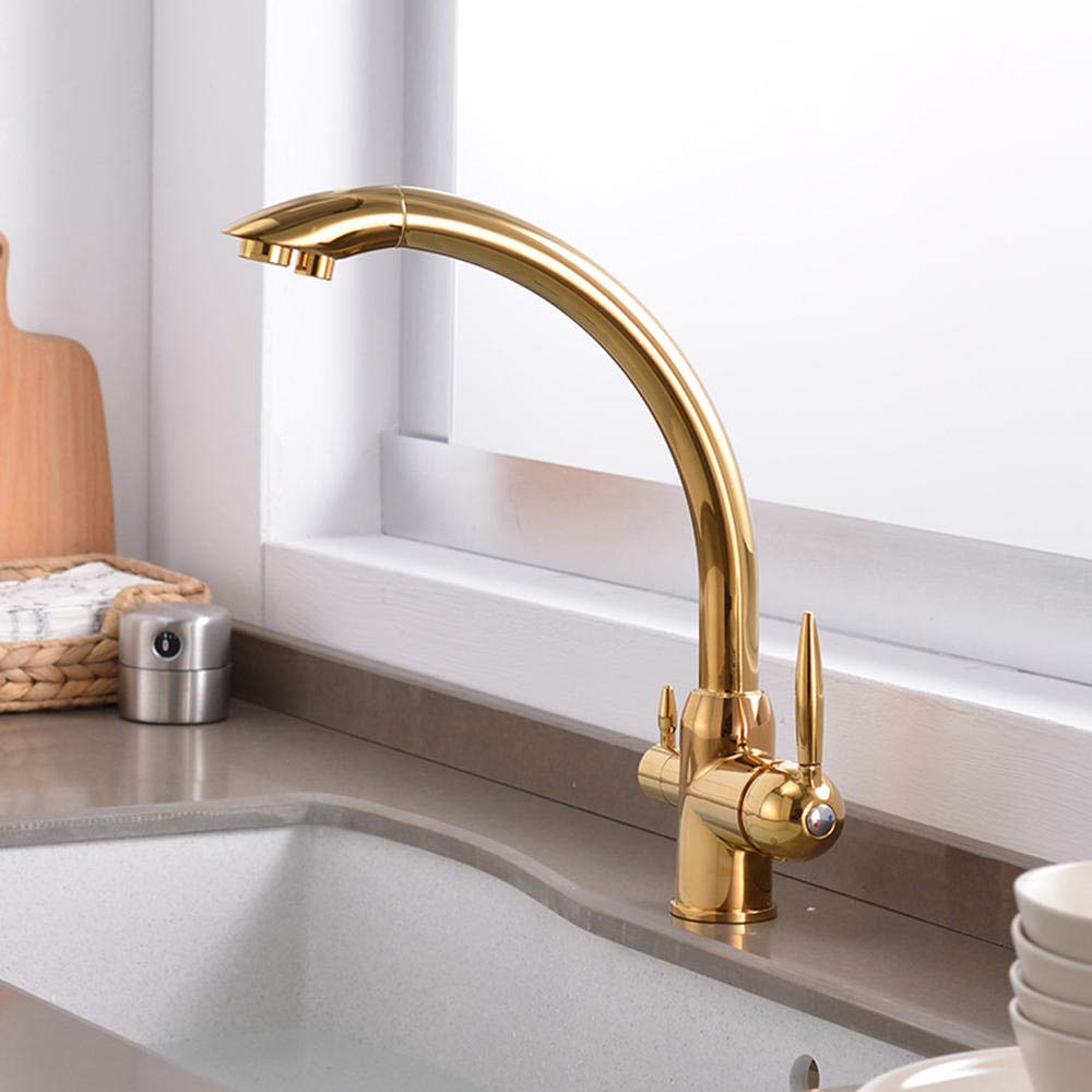 3-Way Brass Kitchen Faucet with Water Filter - Hot & Cold Rotatable Drinking Water Purification Tap for Sink (Golden) - Perfect for Modern Kitchens & Direct Drinking Water Access
