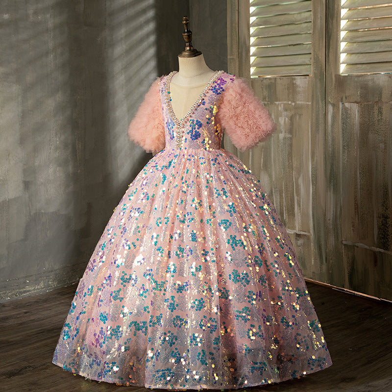 Sparkly Pink Sequin Flower Girl Dress for Weddings - V-Neck Short Sleeve Princess Gown for Pageants, Birthday Parties & Special Occasions