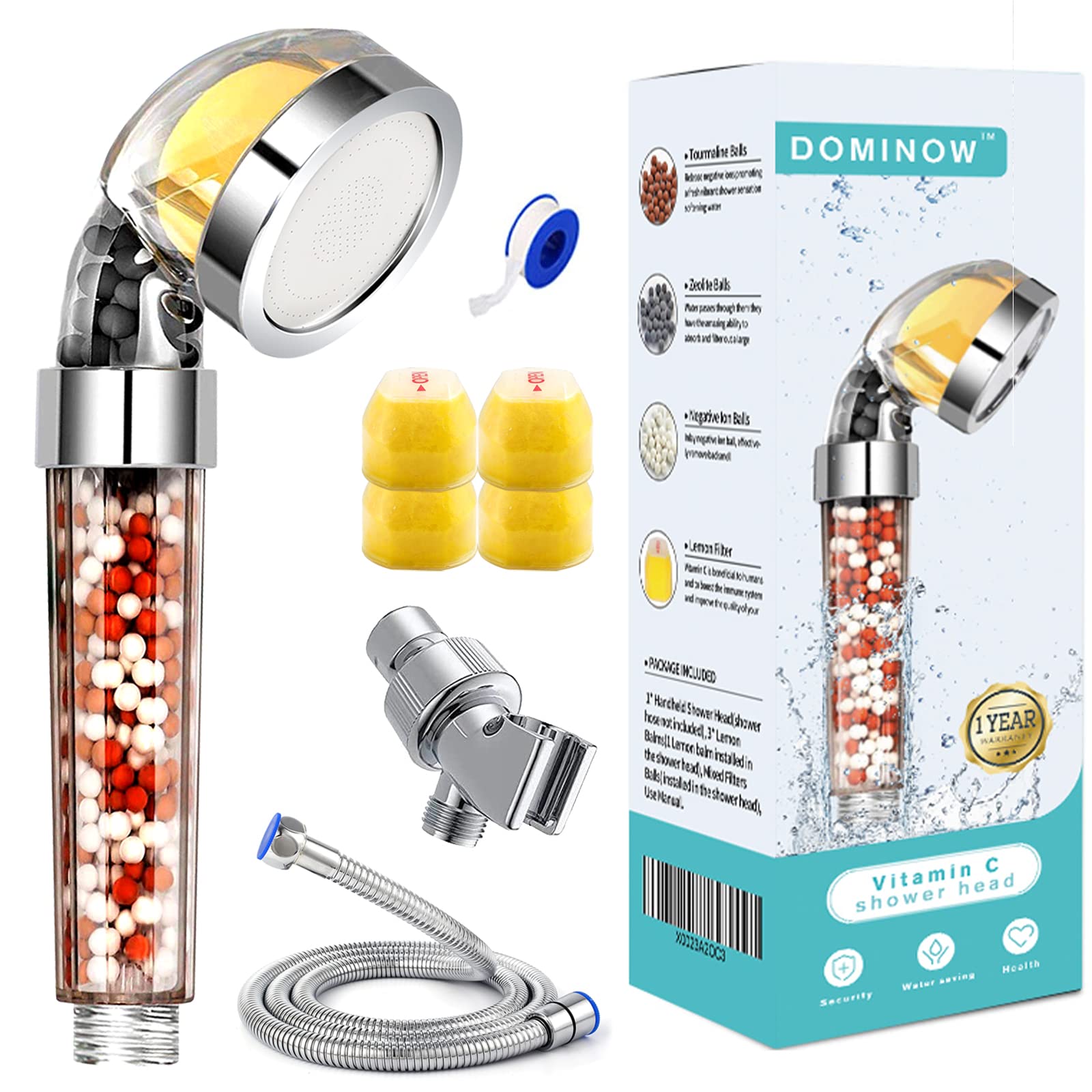 Vitamin C Shower Head with Handheld - Hard Water Softener & High Pressure Filter - Water Saving Spray with Hose & 4 Replacement Balms - Ideal for Dry Skin & Hair Care - Perfect for Bathroom, Spa, and Home Relaxation