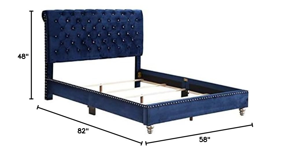 Glory Furniture Maxx Velvet Upholstered Full Size Bed Frame in Navy Blue - Luxurious Bedroom Furniture for Master Bedroom or Guest Room