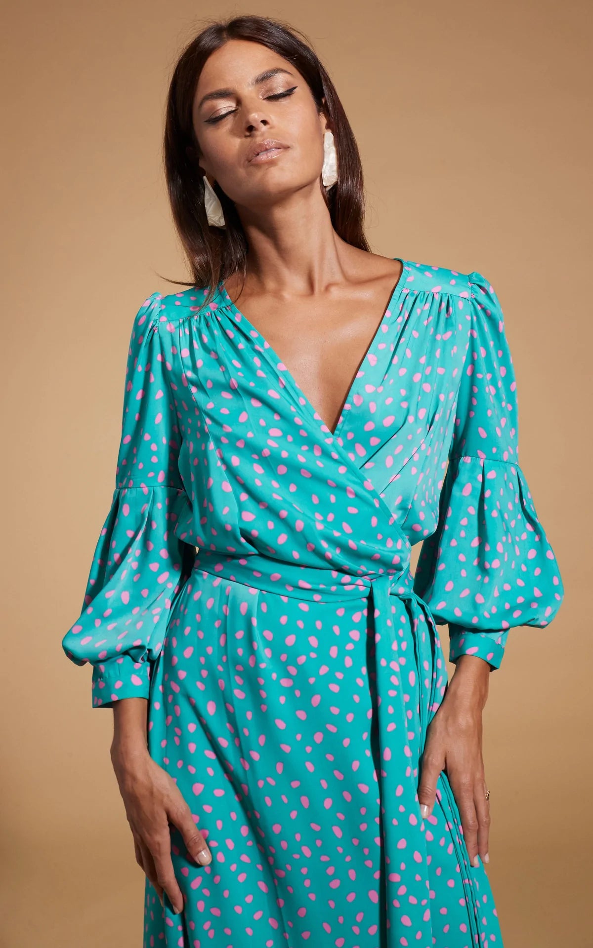 Havannah Maxi Wrap Dress - Abstract Pink on Sea Green Floral Print, Women's Boho Summer Beach Dress for Vacation, Wedding, and Casual Outings