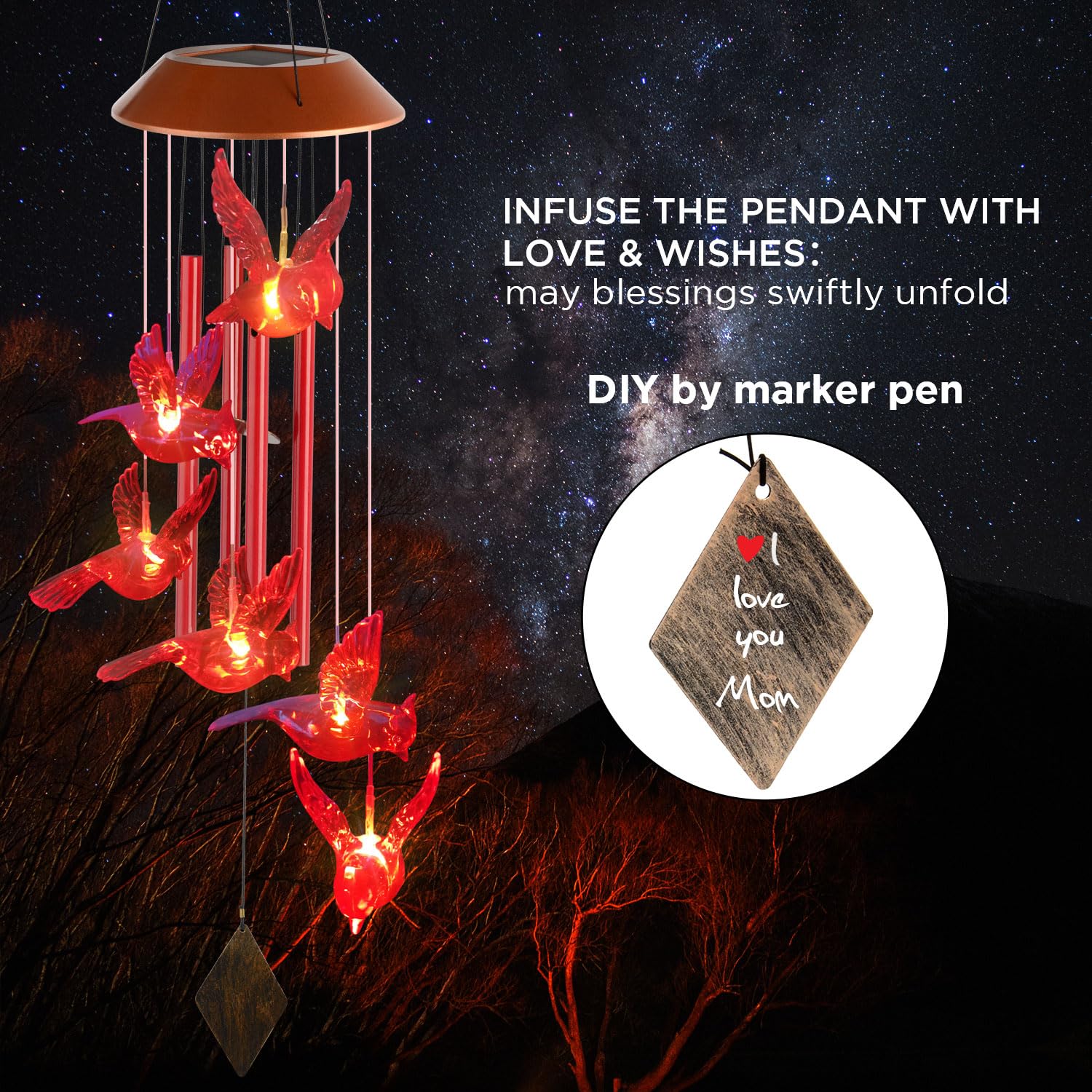 Solar Cardinal Wind Chime Lights - Unique Birthday & Gardening Gifts for Women, Mom, Grandma, Wife - Outdoor Garden Decor for Cardinal Lovers | Perfect for Patio, Backyard & Holiday Decorations