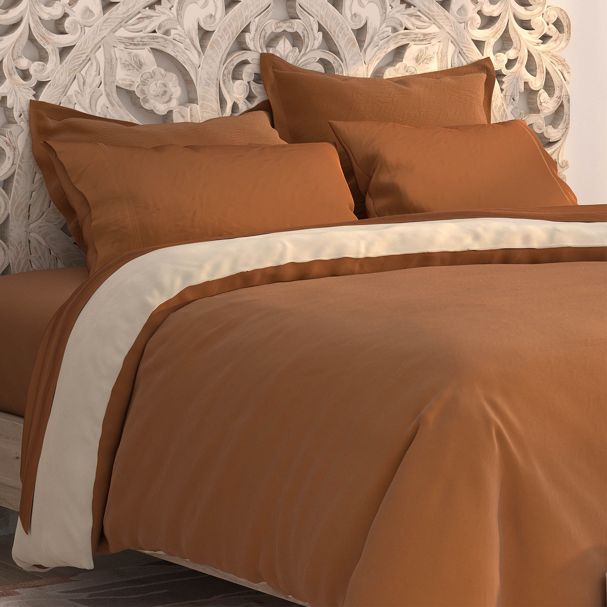 PureCare Cooling Bamboo Rayon Duvet Cover Set - Full/Queen Size, Breathable & Hypoallergenic, Ivory & Clay - Perfect for Hot Sleepers & Allergy Relief - Bedroom & Guest Room Luxury