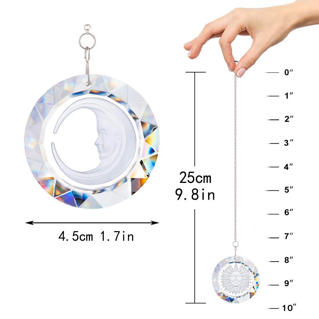 45mm Crystal Suncatcher Round Pendant - Rainbow Maker for Home & Car Decor (Moon & Sun Design) - Perfect for Windows, Gardens, and Windshield Decoration