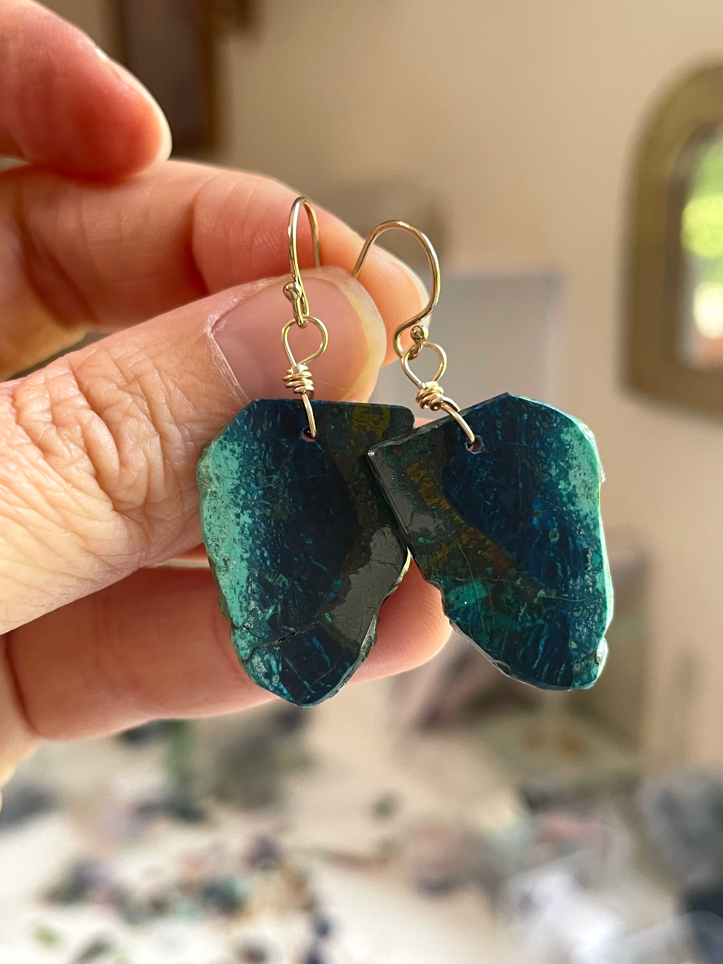 Chrysocolla Gold Filled Statement Crystal Gemstone Earrings for Women - Elegant Dangle Drop Earrings for Party, Wedding & Special Occasions