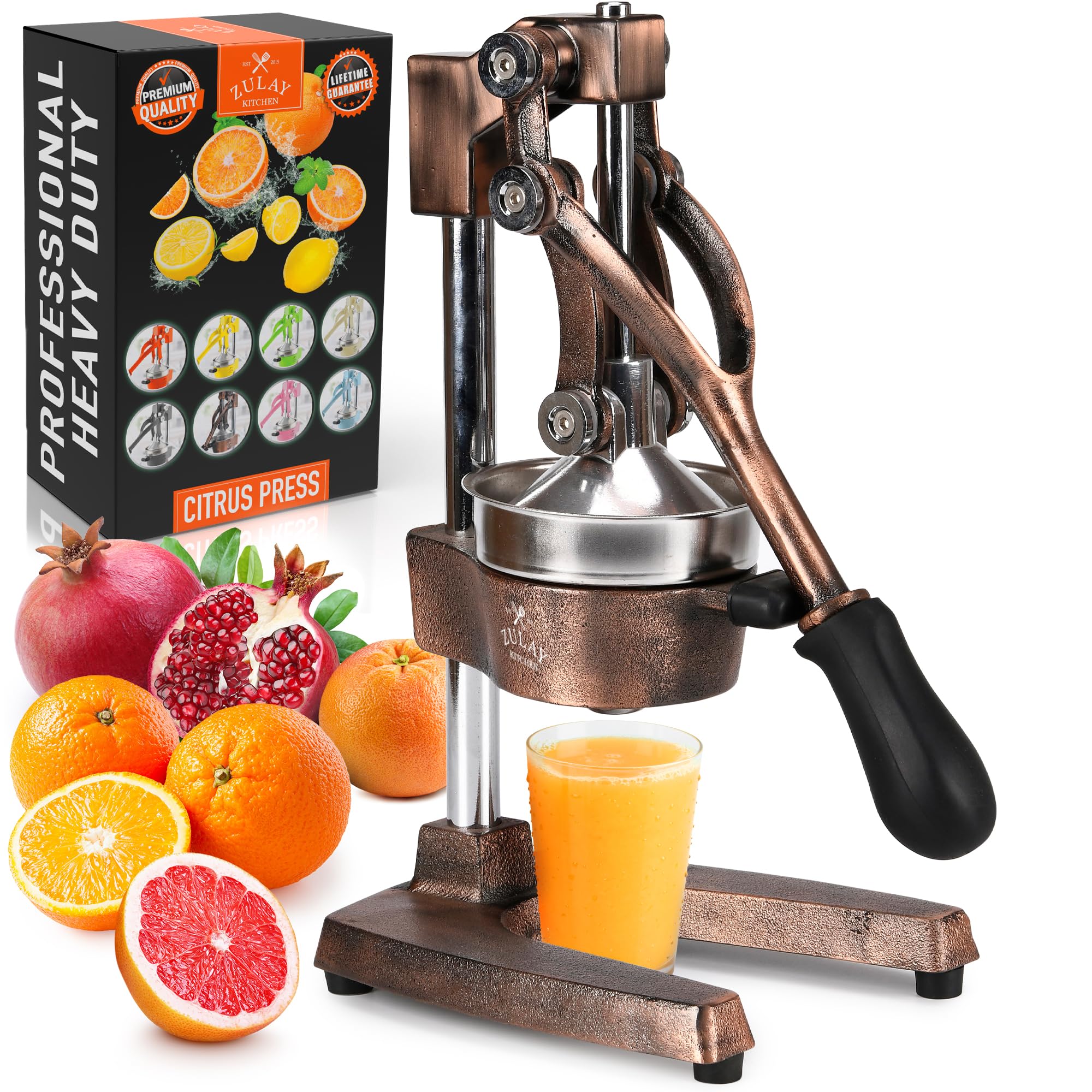 Zulay Kitchen Heavy Duty Cast Iron Citrus Juicer - Professional Manual Orange & Lemon Squeezer - Durable Stainless Steel with Easy Clean Design - Perfect for Fresh Juice, Cocktails & Healthy Drinks at Home, Bars or Restaurants (Copper)