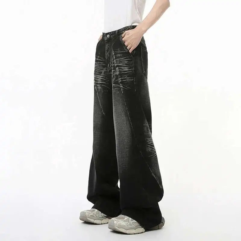 American Style Men's Denim Jeans - Washed Cat Whisker Design with 3D Patchwork, Straight Leg Streetwear Pants for Men (Style 9C8202) | Perfect for Casual Outings, Street Fashion and Everyday Wear