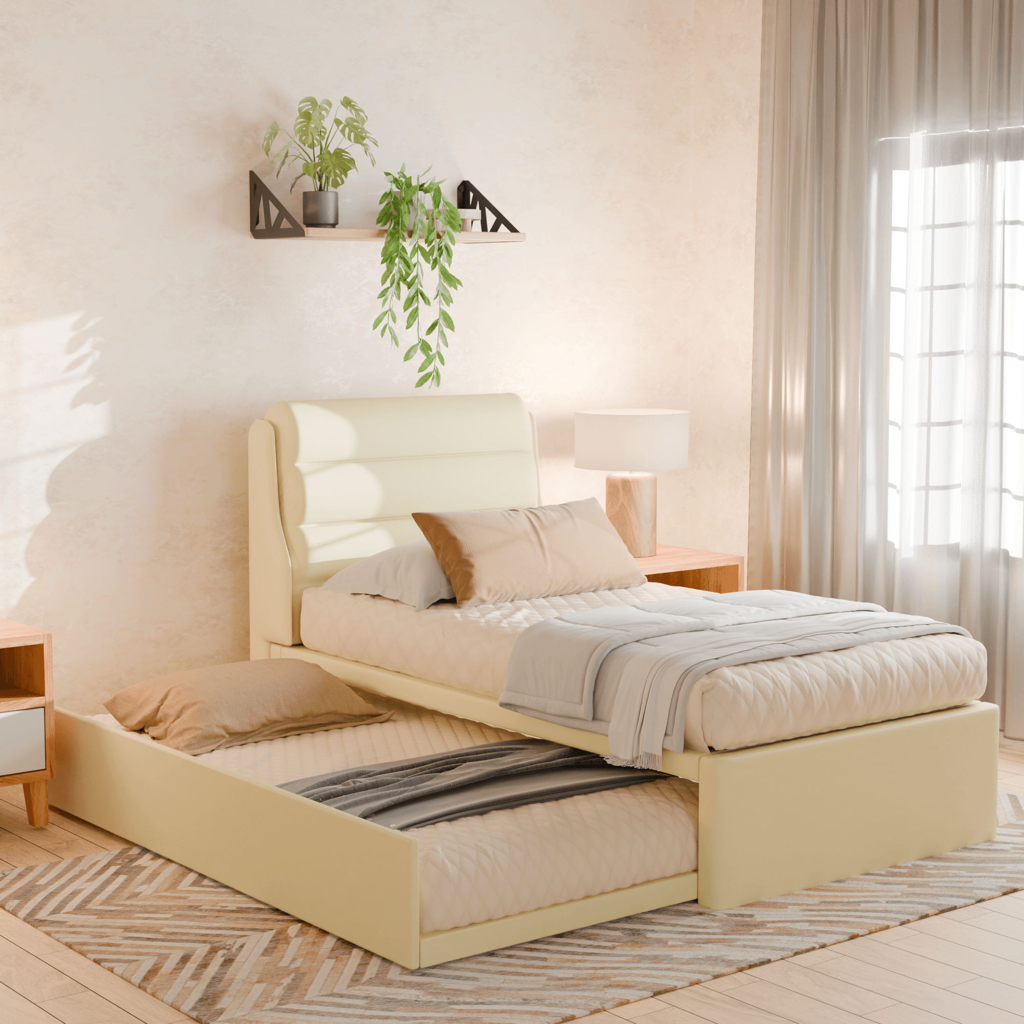 Jayla Cream Faux Leather 3-in-1 Convertible Sofa Bed - Sleeper Sofa, Loveseat & Chaise Lounge for Small Spaces, Apartments & Guest Rooms