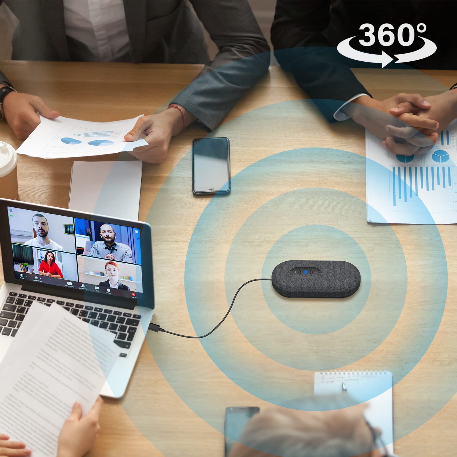 Premium USB Speakerphone for Virtual Meetings - 360° Voice Pickup, Noise Cancelling, Plug & Play - Compatible with Zoom, Teams, Skype - Ideal for Home Office, Conference Calls & Online Classes