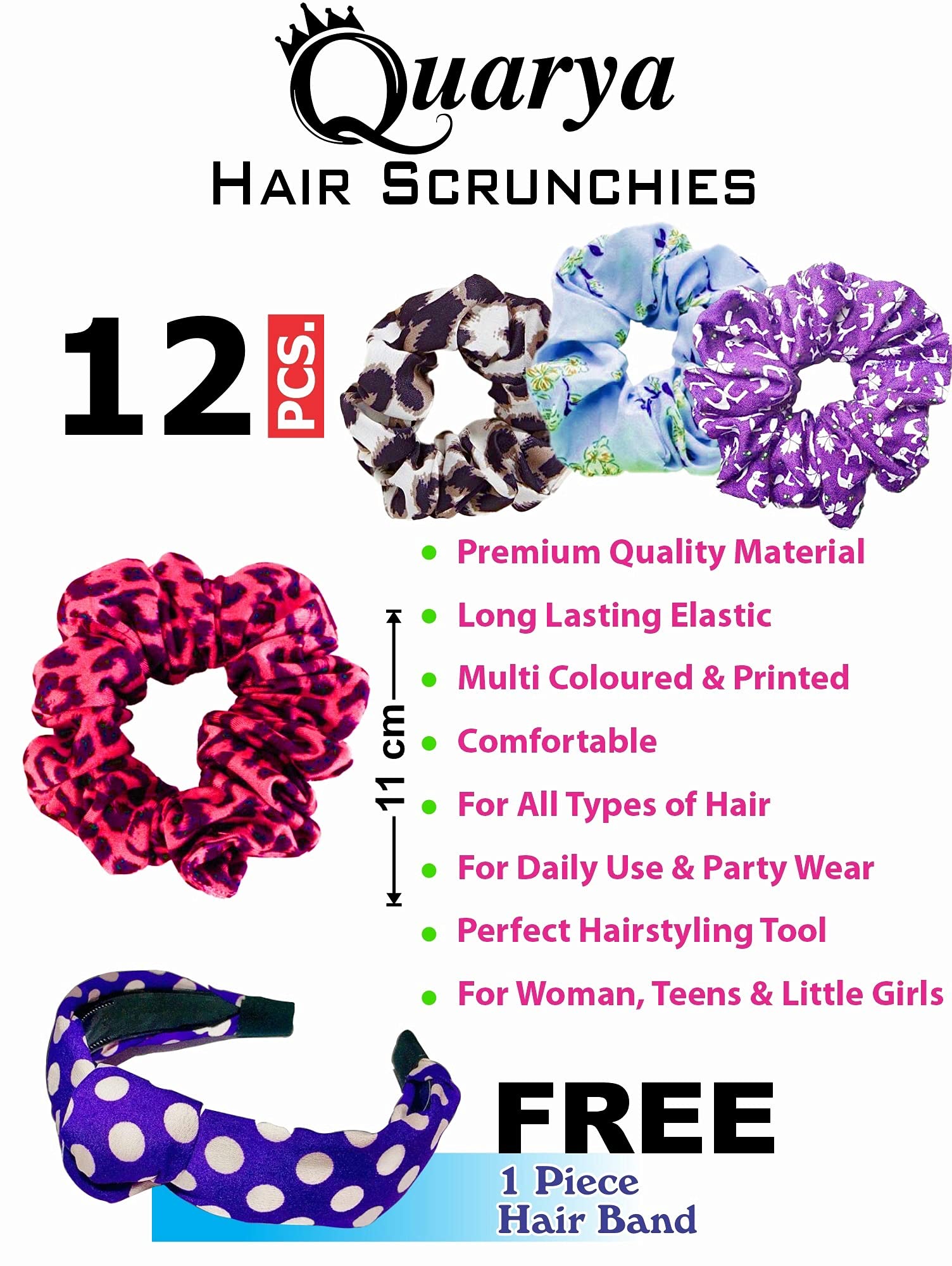 Quarya Elastic Hair Scrunchies for Women & Girls - 12 Pack Colorful Printed Hair Ties + 1 Free Hair Band - Soft Fabric Hair Accessories for Ponytail, Bun & Everyday Styling