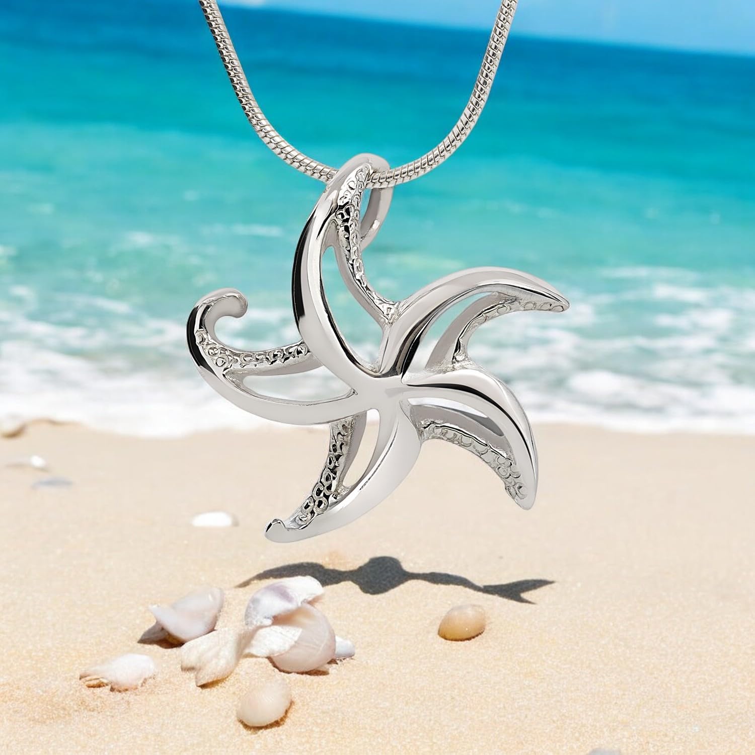 Sterling Silver Starfish Necklace for Women - Elegant Sea Star Pendant Charm, Beach Jewelry Gift, Perfect for Summer Vacations & Ocean-Themed Parties