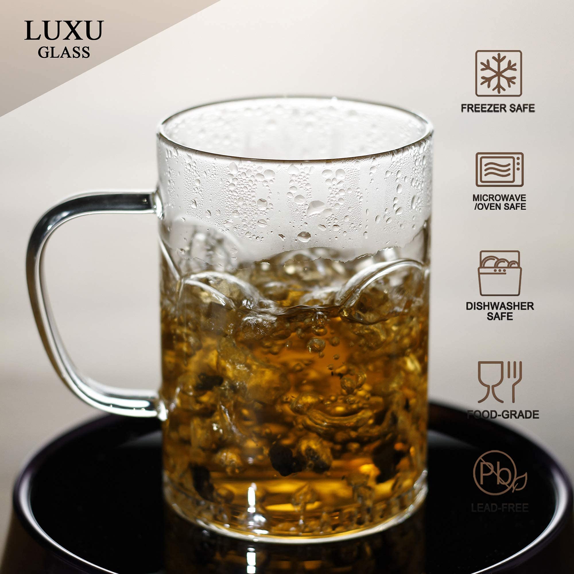 LUXU 16 oz Glass Coffee Mugs Set of 4 - Clear Drinking Glasses for Iced Coffee, Tea, Hot Beverages - Flat Bottomed Design - Perfect for Home, Office, Cafe & Restaurant Use