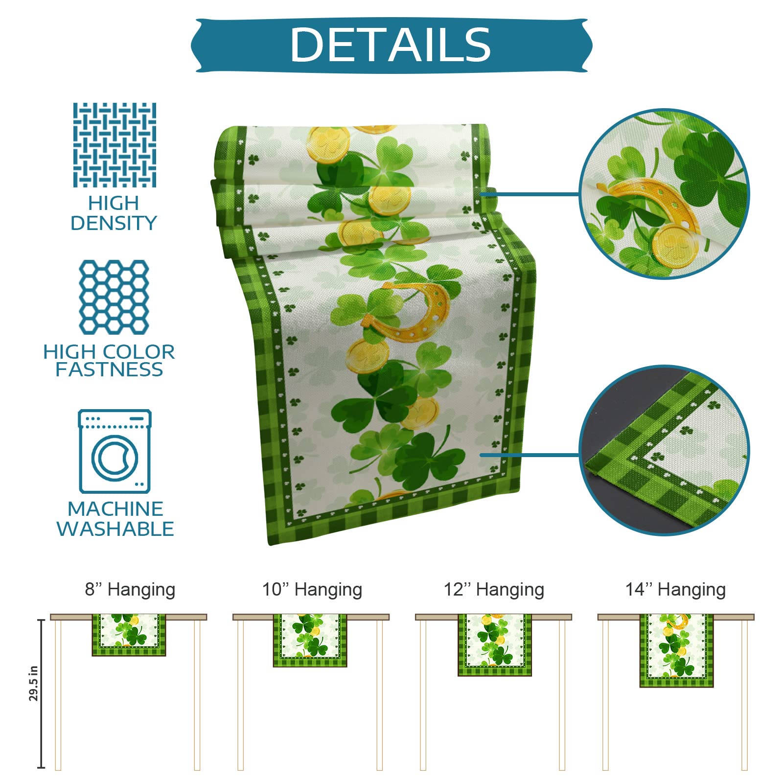 St. Patrick's Day Lucky Clover Table Runner 13x70 Inch - Irish Buffalo Plaid Cotton Linen Tablecloth for Parties, Weddings & Home Decor - Perfect for Dining Tables, Coffee Tables & Dresser Scarves