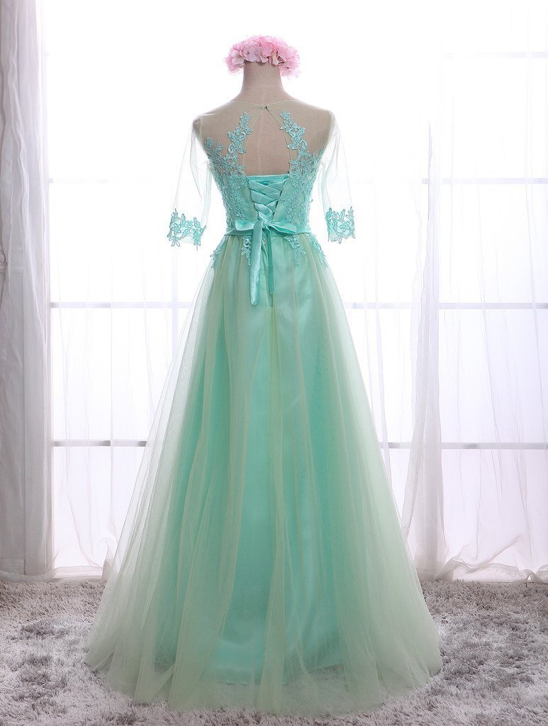 Elegant Women's Half Sleeve Lace Applique Tulle Long Formal Evening Gown for Prom, Wedding & Special Occasions