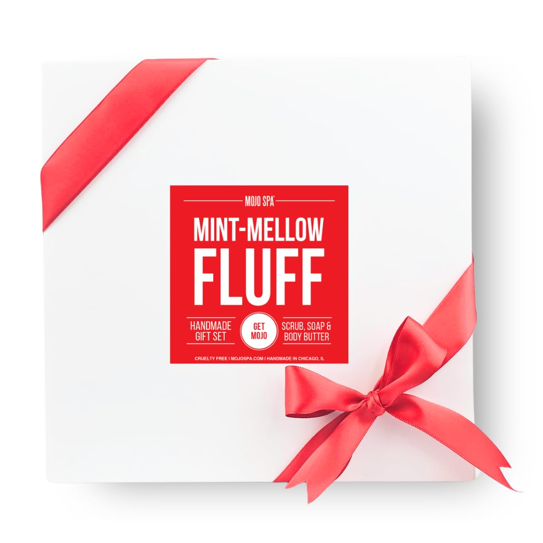 Mojo Spa Mint Mellow Fluff Large Gift Set - 3 Natural Handmade Bath & Body Products: Exfoliating Face & Body Scrub, Nourishing Body Butter, Cleansing Soap Bar | Perfect for Relaxation, Self-Care & Spa Gifts