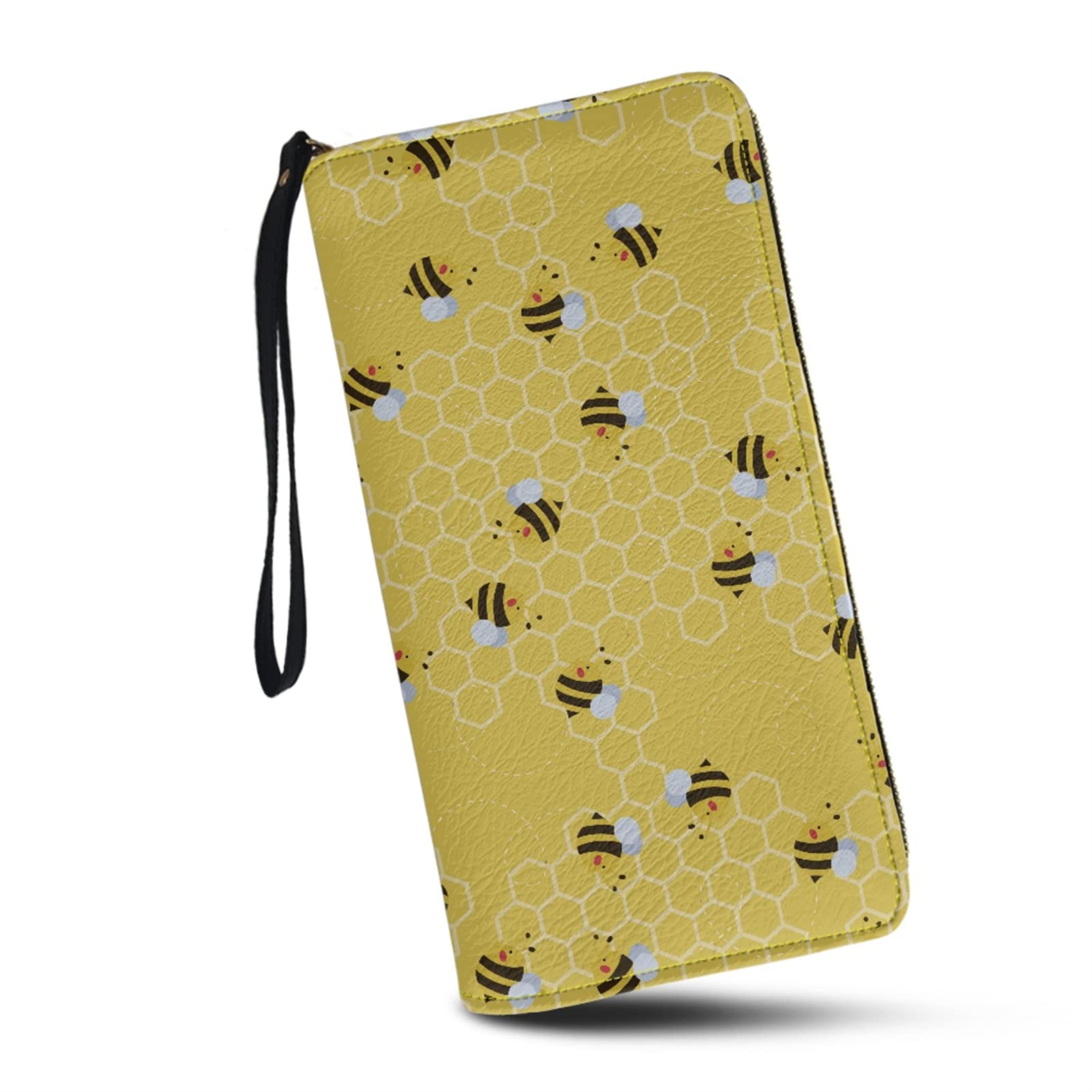 Cute Honey Bee Print Zip Around Wallet for Women - Cell Phone Holder & Wristlet Clutch Purse - Travel Essentials & Everyday Use