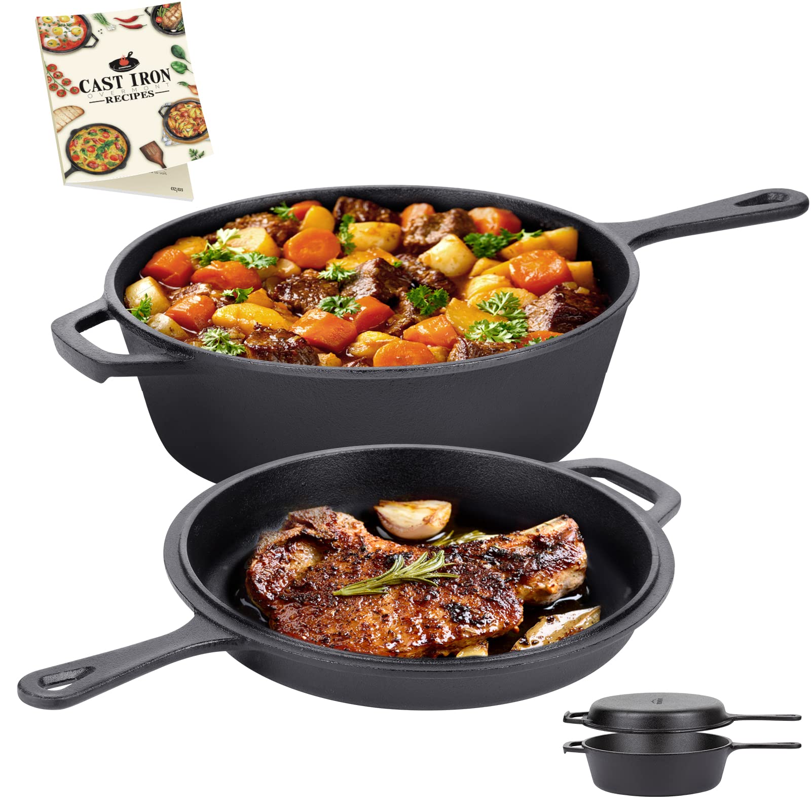Overmont 2-in-1 Cast Iron Skillet & 17'' Griddle Bundle – Premium Cookware Set for Grilling, Searing & Baking – Perfect for Outdoor Camping, BBQ & Home Kitchen Use