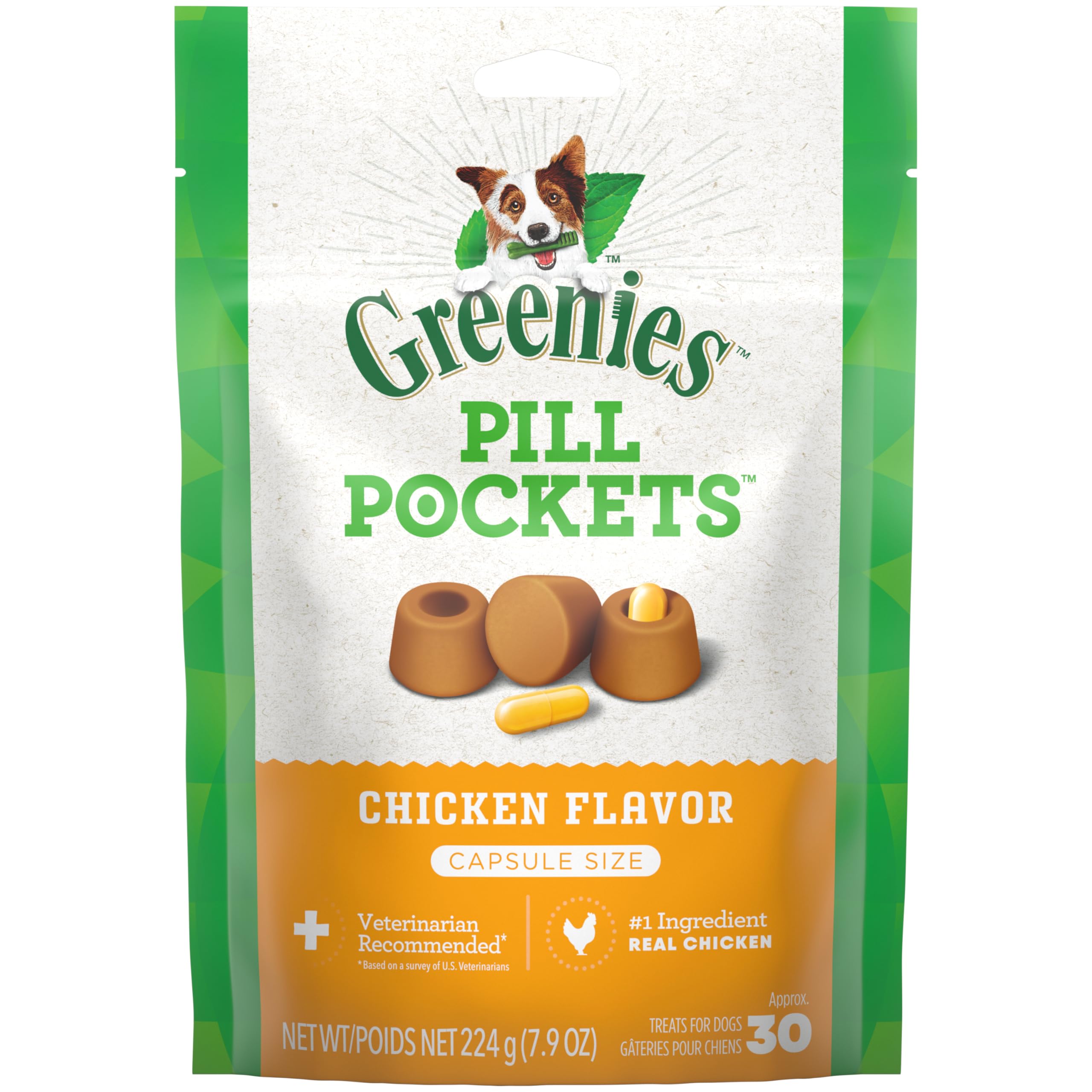 Greenies Pill Pockets for Dogs - Natural Soft Dog Treats with Chicken Flavor, Capsule Size (6 Pack, 180 Treats) | Easy Medication for Picky Eaters & Senior Dogs