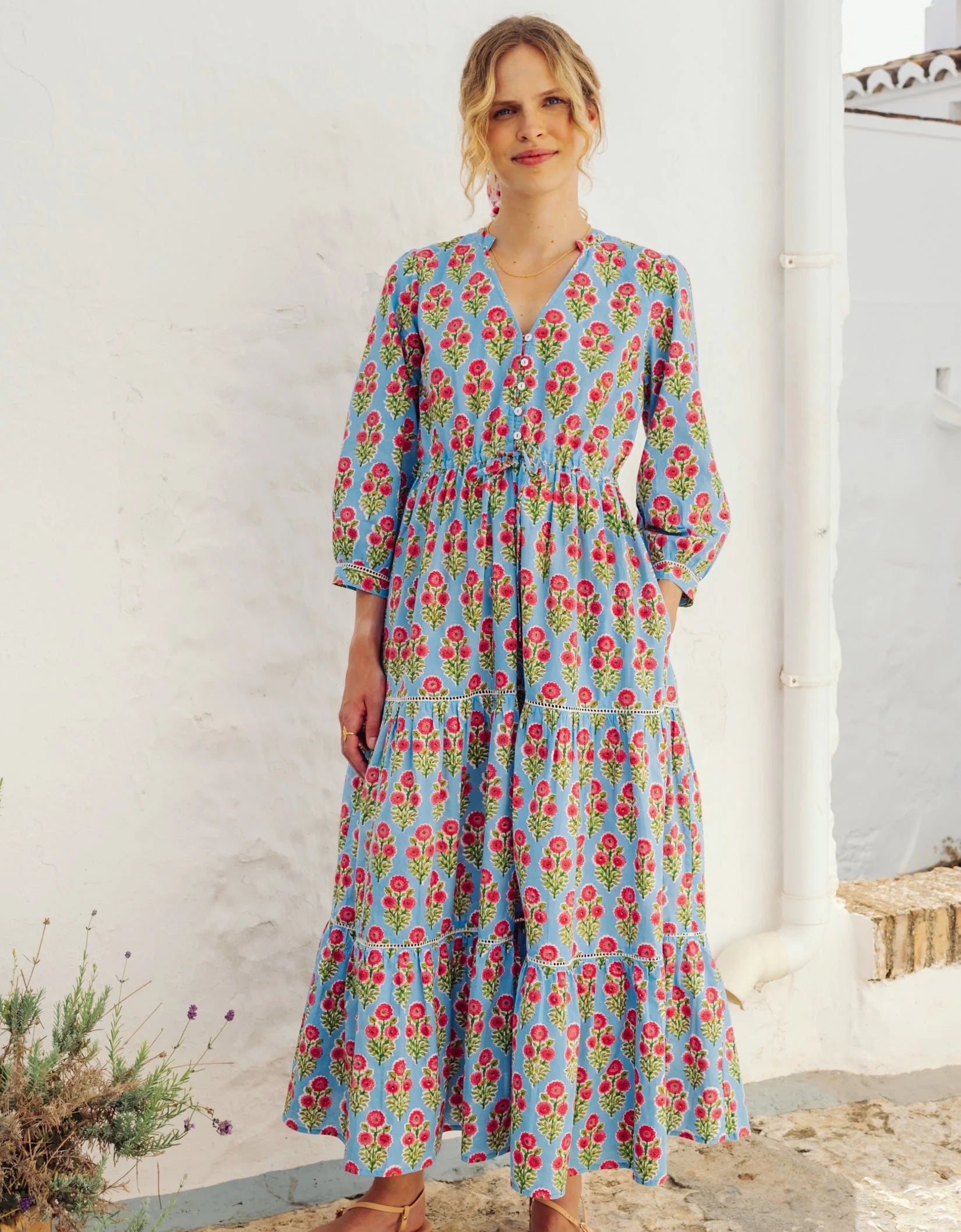 Pink City Prints Island Buta Maria Dress - Floral Boho Maxi Dress for Women, Beach Vacation & Summer Outfits