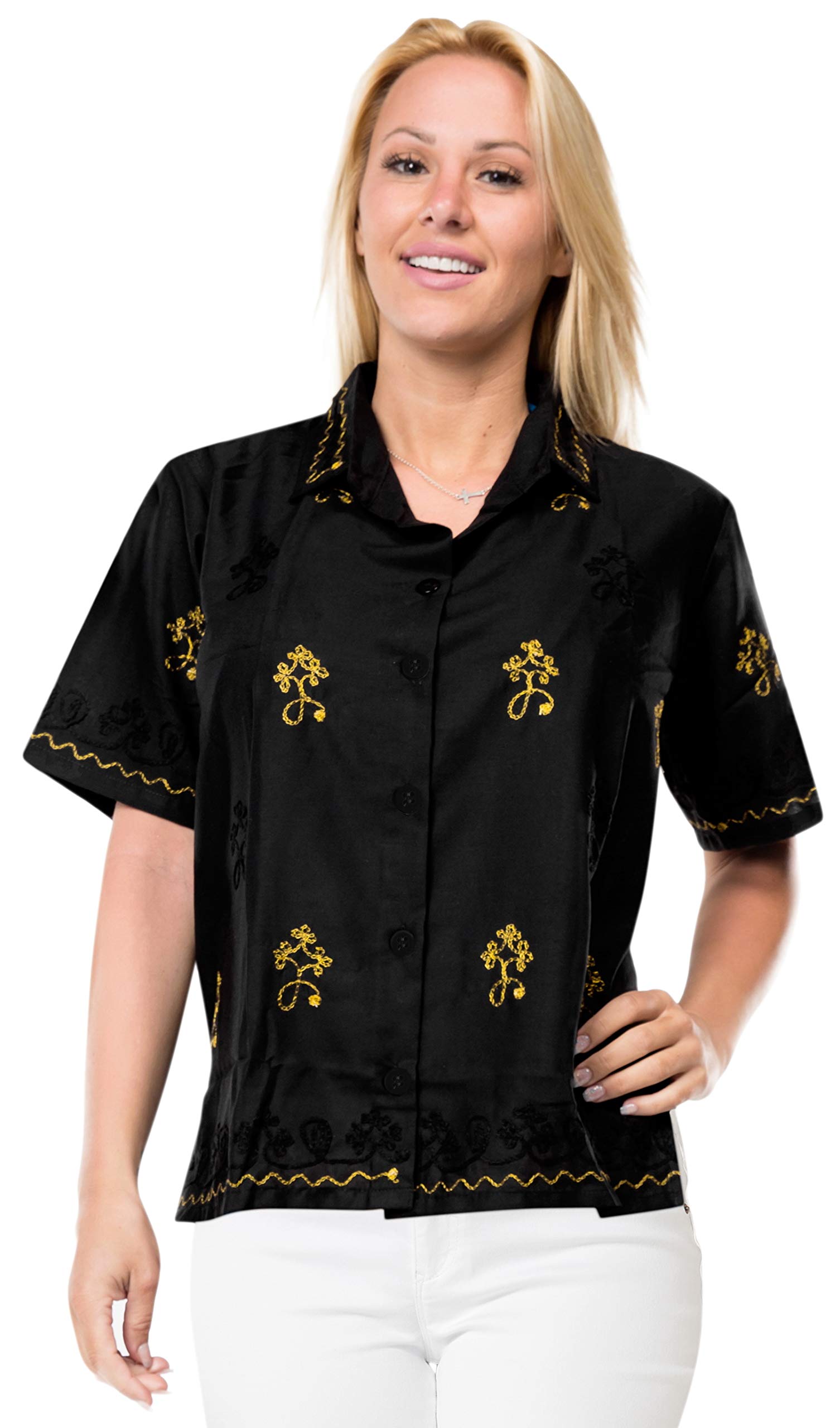 LA LEELA Women's Hawaiian Short Sleeve Beach Blouse - Floral Print Vacation Shirt for Summer, Pool Party & Tropical Getaways