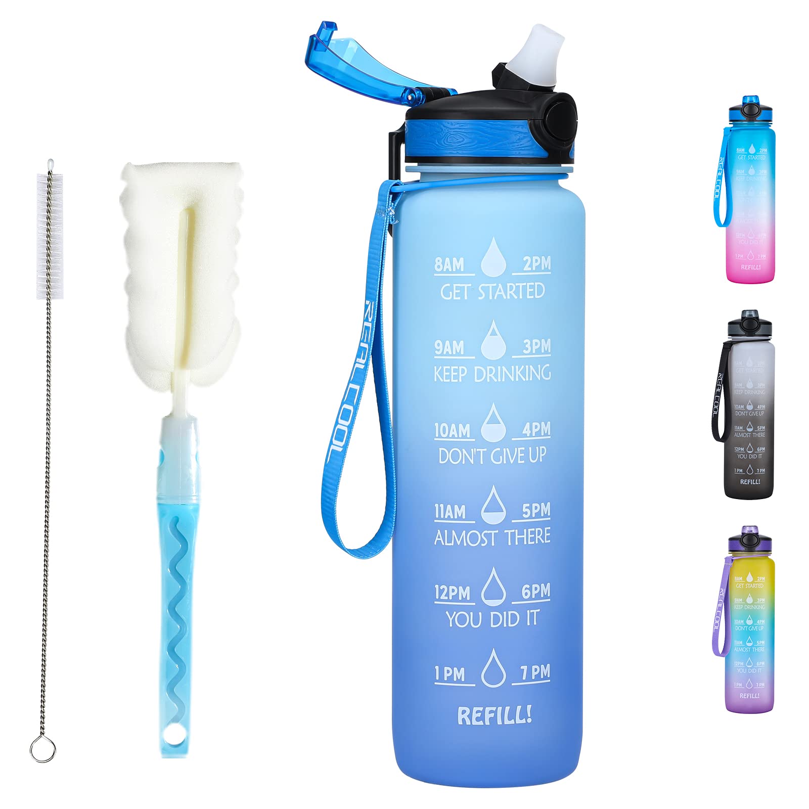 RealCool 32 oz Leakproof BPA Free Sports Water Bottle with Straw & Time Markings - Motivational Gym Water Bottle for Women & Men (Includes 2 Cleaning Brushes) - Perfect for Workouts, Hiking, Yoga and Office Hydration