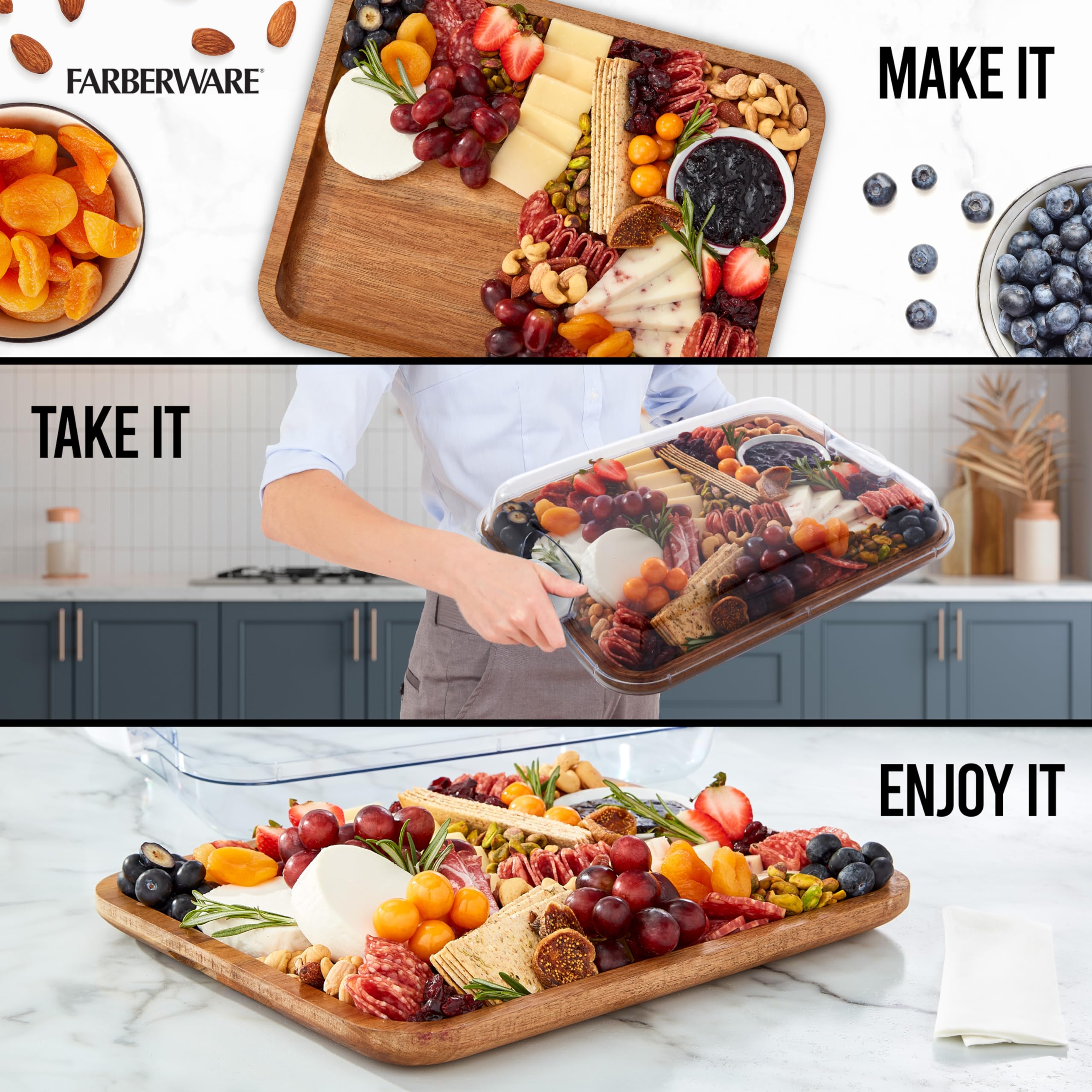 Farberware Acacia Wood Cutting Board with Built-in Compartments & Locking Lid - Charcuterie Board for Cheese, Charcuterie, Snacks - Perfect for Entertaining, Kitchen Prep & Serving