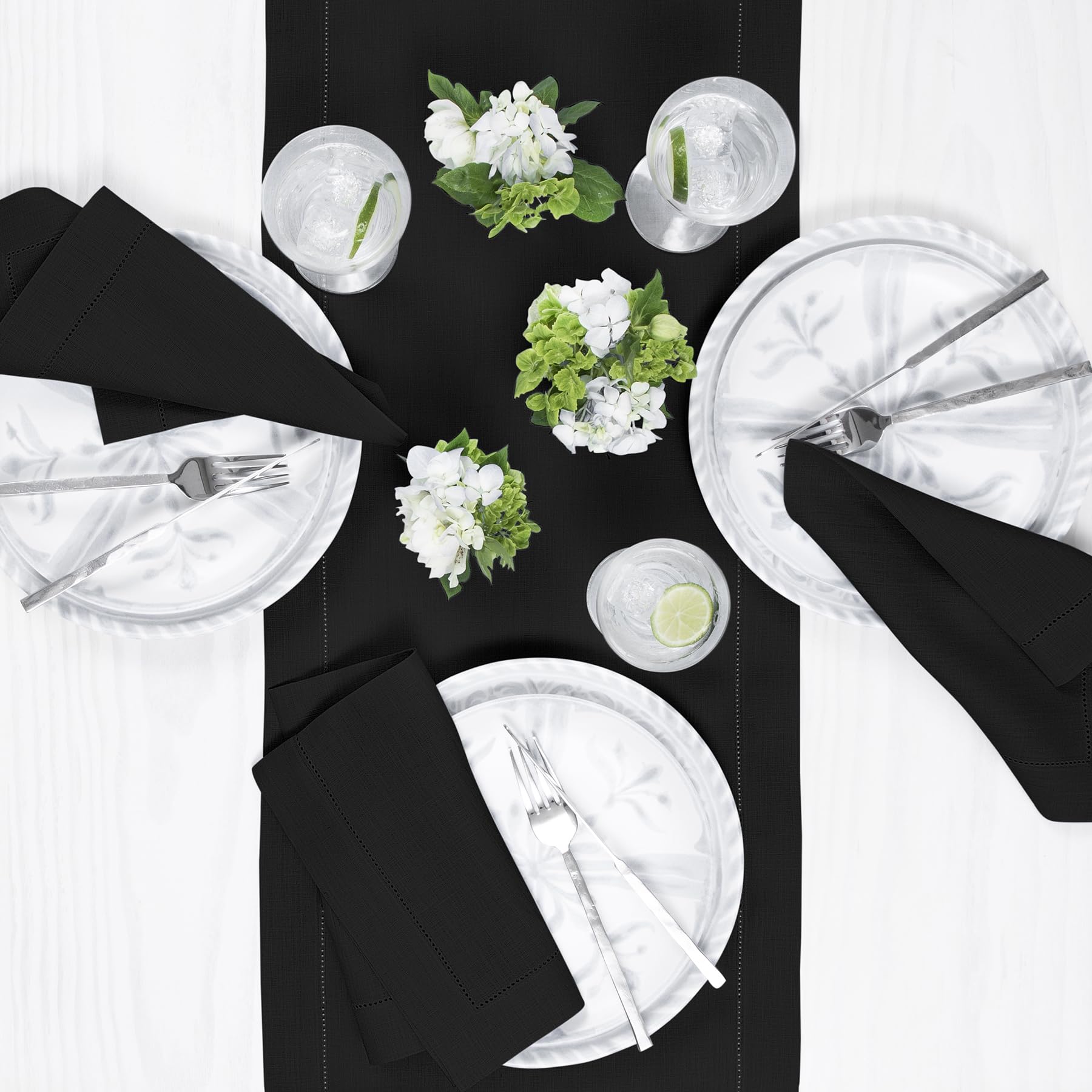 Solino Home 100% Pure Linen Table Runner 16 x 120 Inches - Classic Hemstitch Black Dining Tablecloth for Wedding, Party & Holiday Decor (Easter, Mother's Day, Spring) - Elegant Table Setting for Formal Dinners & Special Occasions