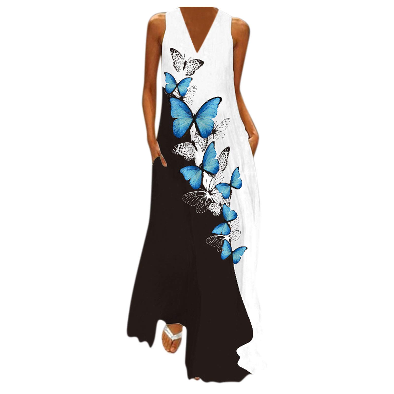 Smooto Women's Bohemian Maxi Dress - Sexy Sleeveless Summer Dress with Pockets, Loose Tank Style in American Flag Print (Blue, XXL) | Perfect for Beach Vacation, Music Festivals & Night Out