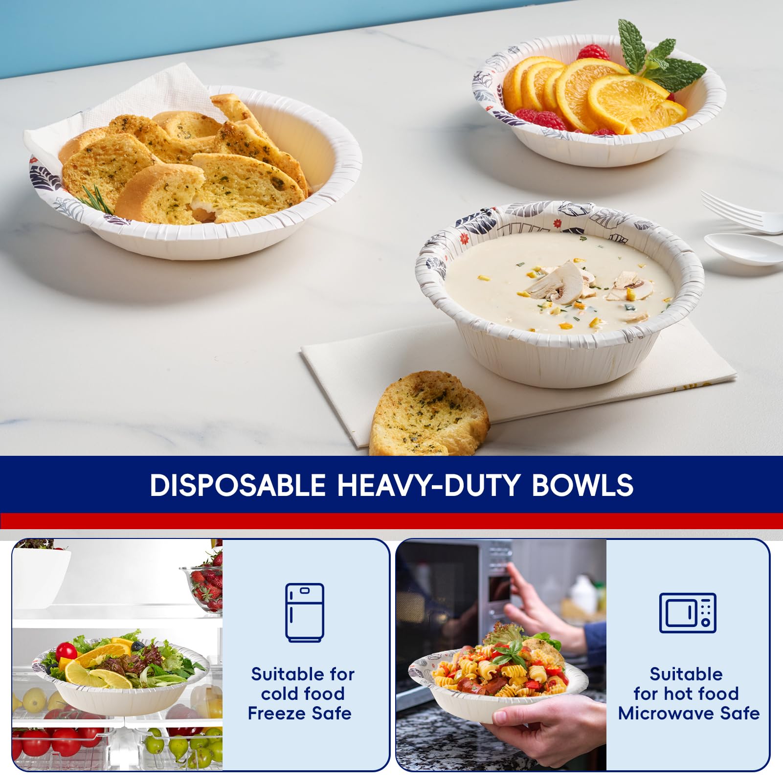 JOLLY CHEF 160-Pack 20oz Disposable Paper Bowls - Leak Proof & Microwave Safe Heavy Duty Leaf Design - Eco-Friendly Party, Picnic, Camping & Takeout Bowls for Dinner, Lunch & Events