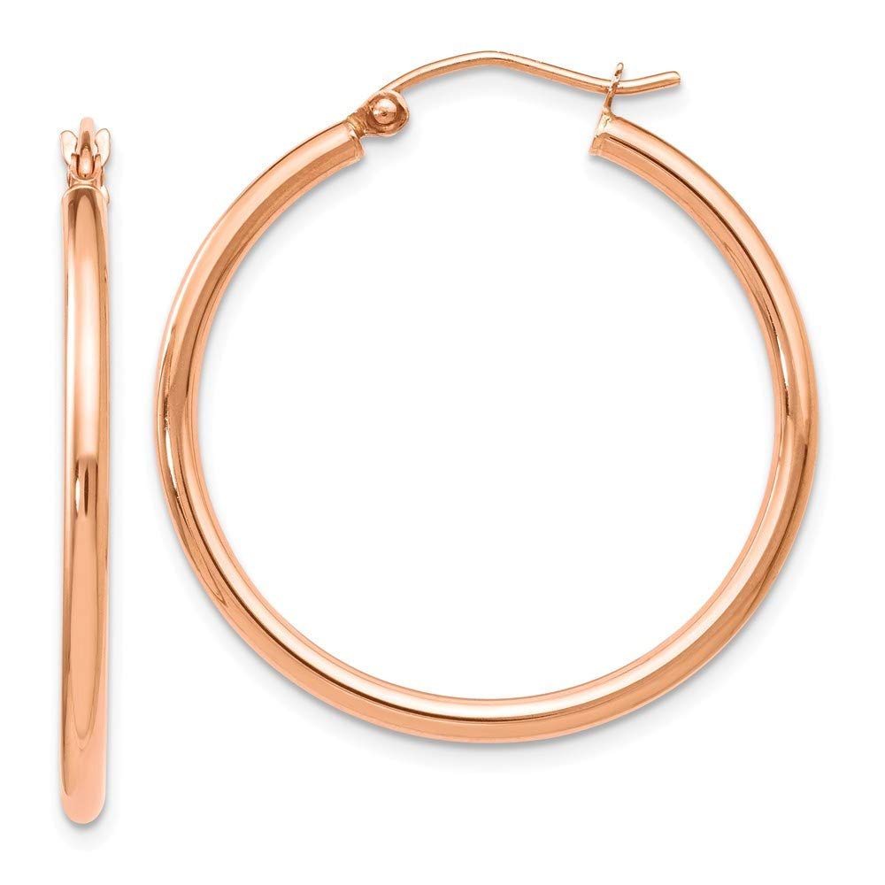 14K Rose Gold 2mm Polished Hoop Earrings for Women - 30mm Length Dainty Everyday Jewelry - Perfect for Gifts, Date Nights & Special Occasions