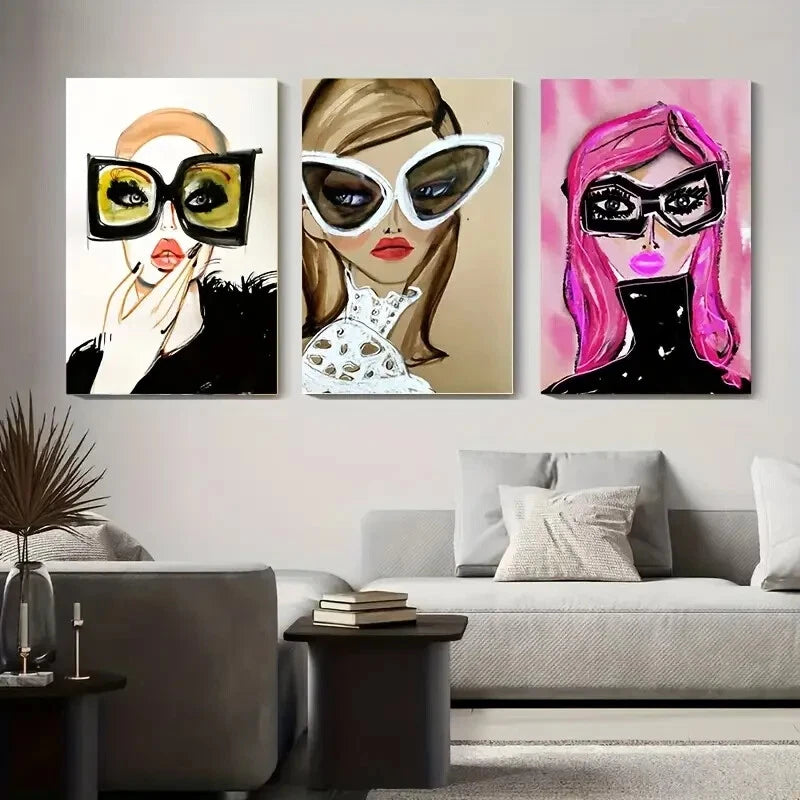 3pcs Stylish Women with Large Fashion Glasses Wall Art Set - 40x60cm Framed Canvas Prints, High Quality Australian Made Home Decor for Living Room, Bedroom & Office - Ready to Hang Modern Artwork
