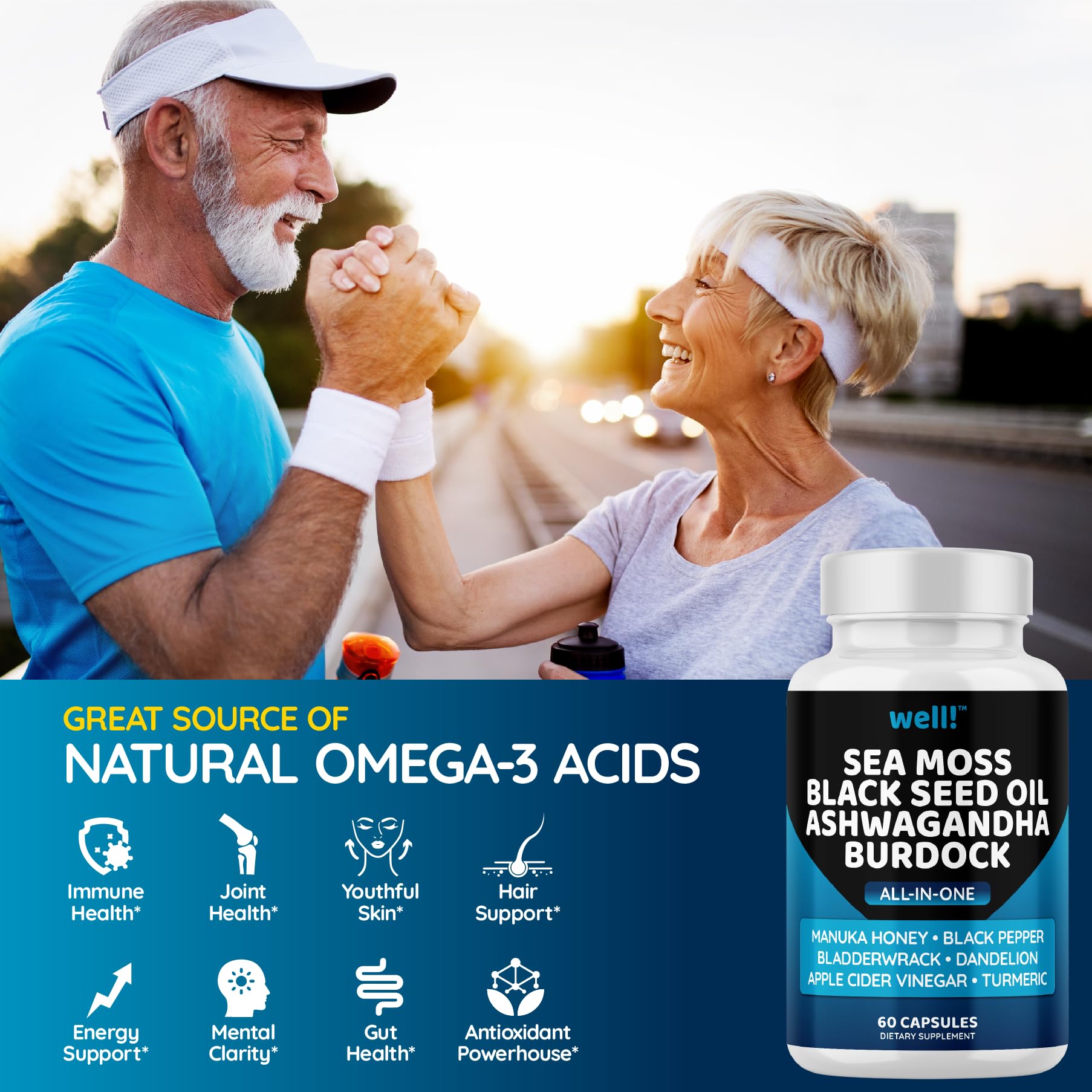 Sea Moss 3000mg, Black Seed Oil 2000mg, Ashwagandha 1000mg with Bladderwrack & Maca Root - Turmeric, Manuka Honey, Dandelion & Black Pepper Superfood Supplement for Immune Support, Energy Boost & Stress Relief - Perfect for Daily Wellness & Detox
