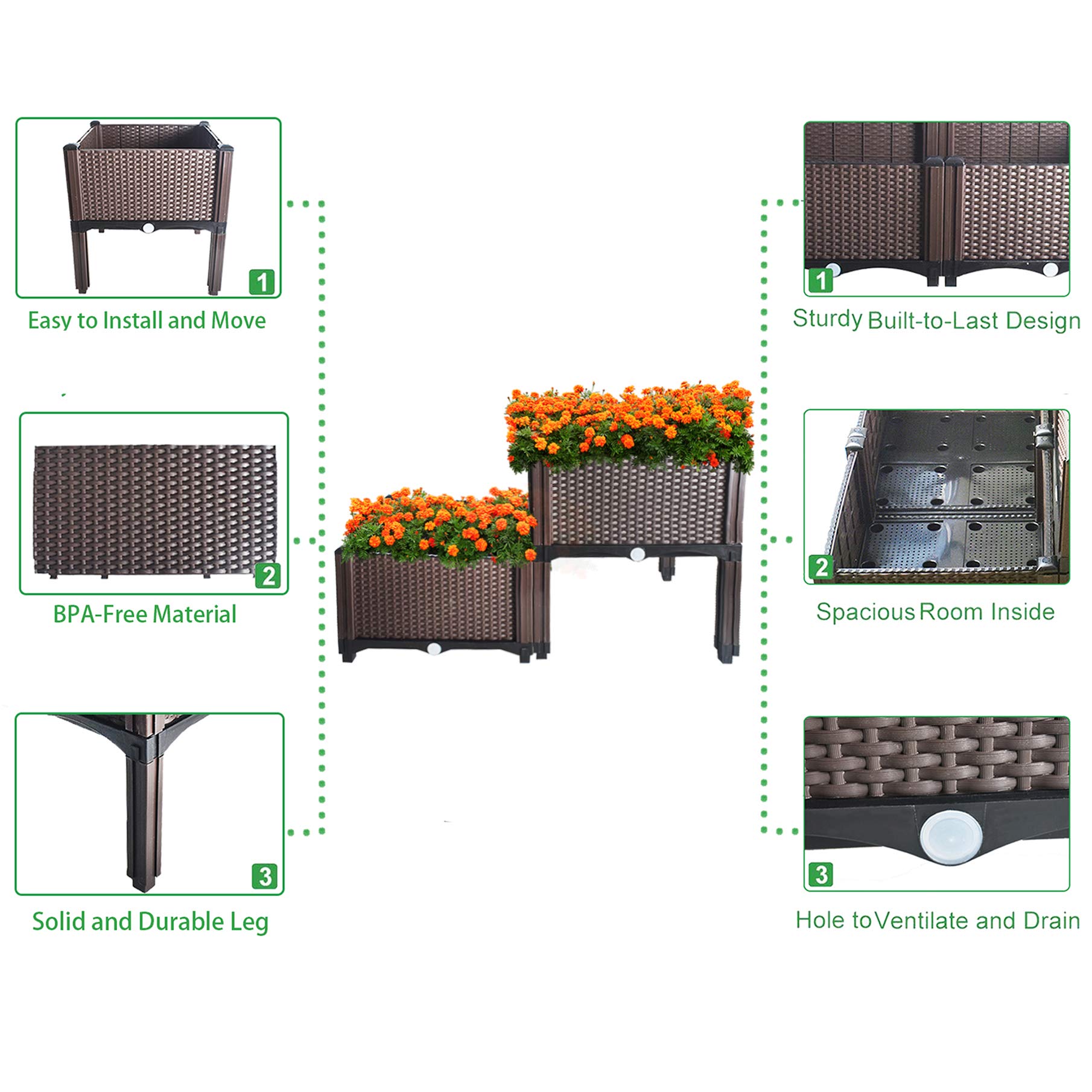 Elevated Raised Garden Bed Kit - 2-Piece Set for Growing Flowers, Vegetables & Plants | Indoor/Outdoor Gardening Solution | Brown Planter Box for Patio, Balcony & Backyard