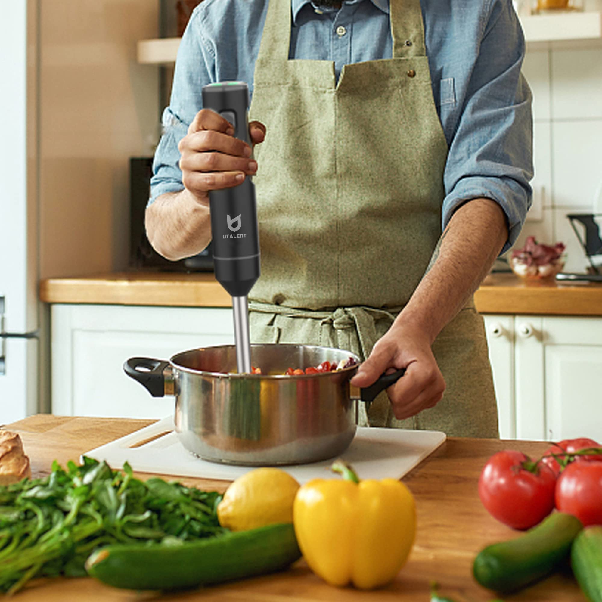 UTALENT Rechargeable Cordless Hand Blender - Variable Speed Immersion Blender with 500ml Chopper, 600ml Container & Egg Whisk | Perfect for Smoothies, Baby Food, Soups & Kitchen Prep | Black