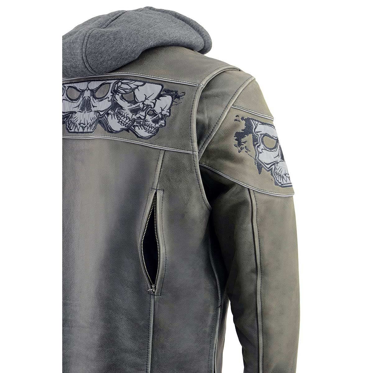 Milwaukee Leather MLM1562 Men's Distressed Grey Biker Jacket with Reflective Skull Design | Motorcycle Riding, Casual Wear & Outdoor Adventure