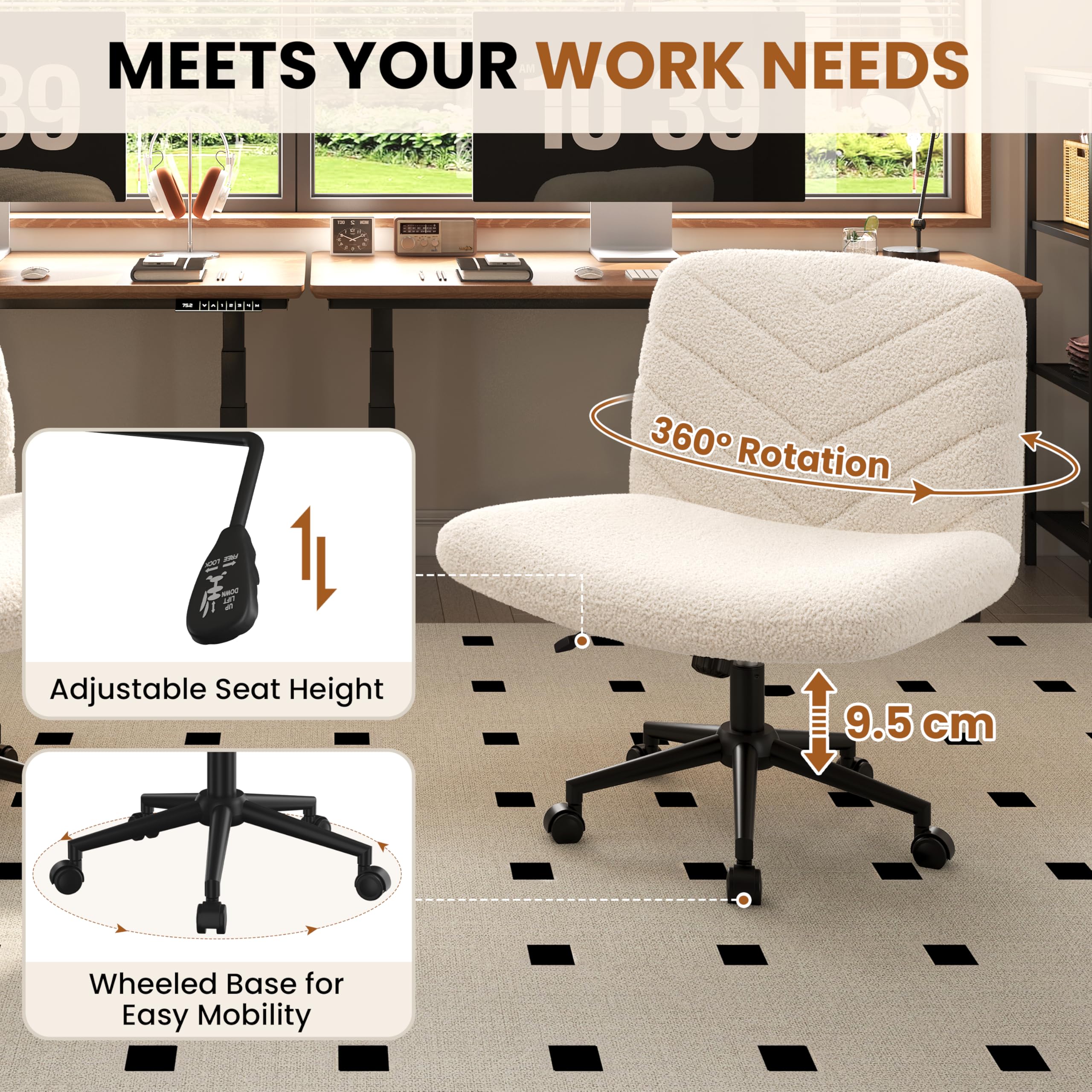 Yaheetech Wide Criss Cross Chair with Wheels - Armless Swivel Office Desk Chair with Comfortable Cross-Legged Design, Computer Chair for Home Office & Vanity (Ivory) - Perfect for Workstations, Gaming & Makeup Areas